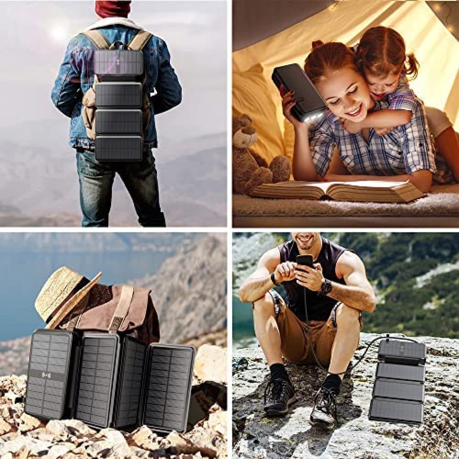 Cargador Solar Inalámbrico Power Bank, Cargador Portátil De 20000 Mah con 4 Paneles Solares Y Linterna LED, Batería Externa De Carga Rápida para Teléfono Celular Y Tableta