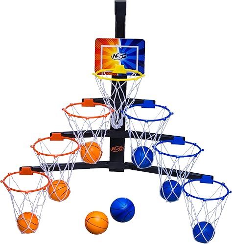 NSG Aro de baloncesto sobre la puerta, pirámide de carreras de 7 aros de altura ajustable con 8 mini bolas de espuma y bolsa de transporte, montaje