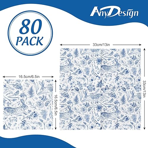 Miniatura 2 de Paquete de 80 servilletas de papel de Pascua de color azul y blanco retro, conejo, flor de conejo, servilletas de almuerzo desechables retro postre