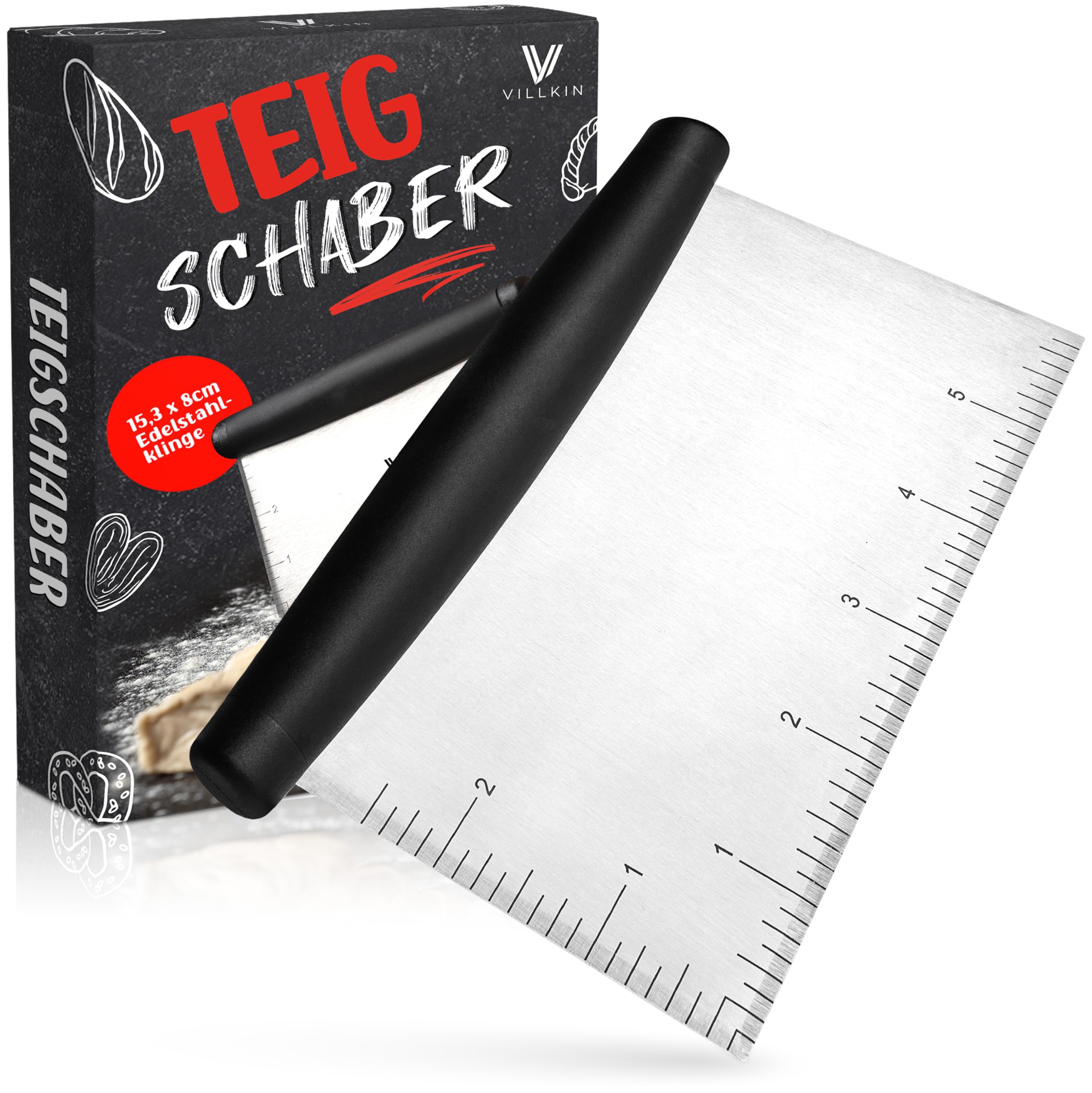 Villkin Teigschaber - Premium Mehrzweck-Teigschneider für die Küche aus Edelstahl, robust und ergonomisch, mit rutschfestem Griff, ideal zum Backen z. B. Brot