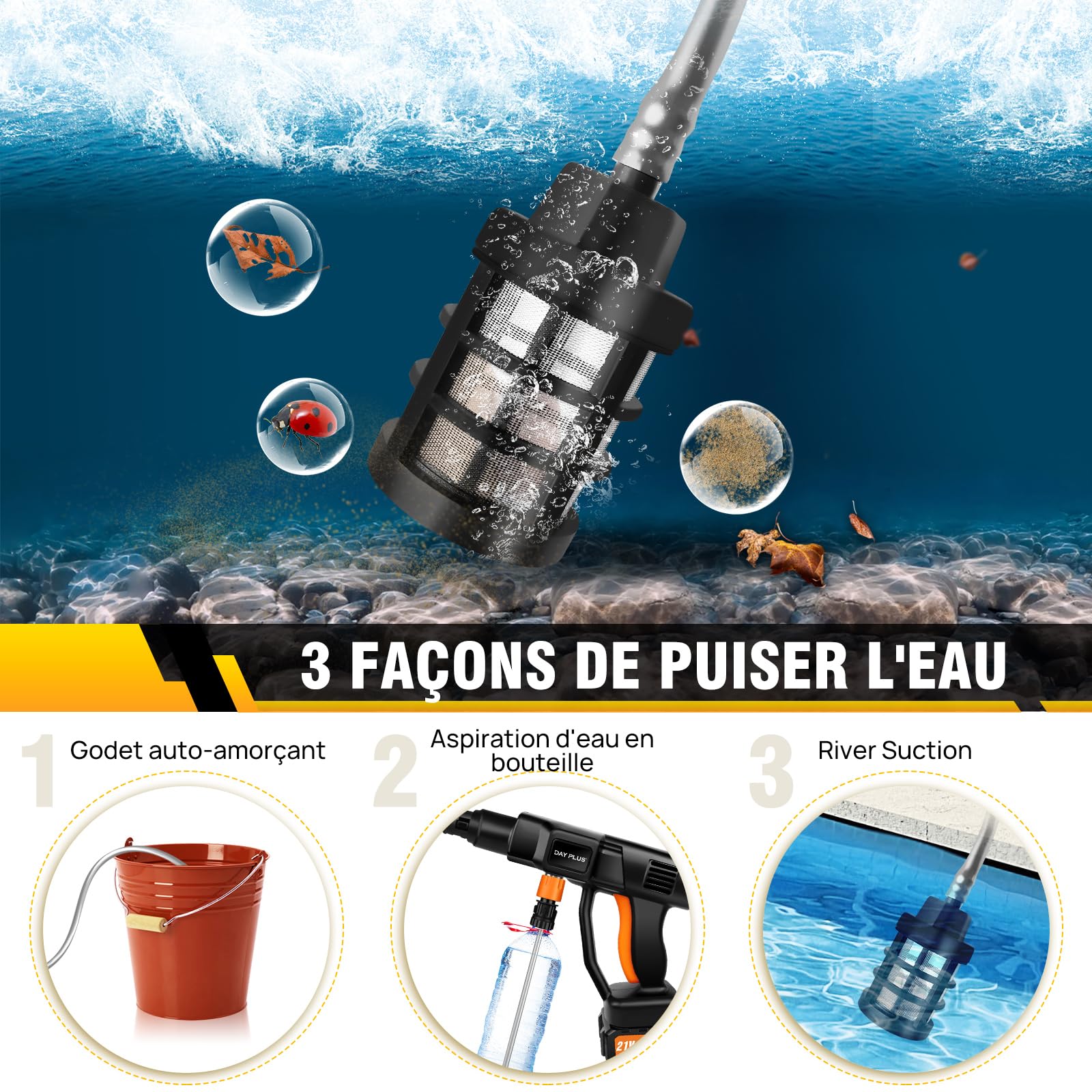 Nettoyeur Haute Pression Sans Fil 6000mAh, 21V 45 Bar/652 PSI Pistolet à Eau Haute Pression Portable avec Générateur de Mousse, Buse Multi-pulvérisation 6en1,Outil de Nettoyage de Voiture en Plein Air
