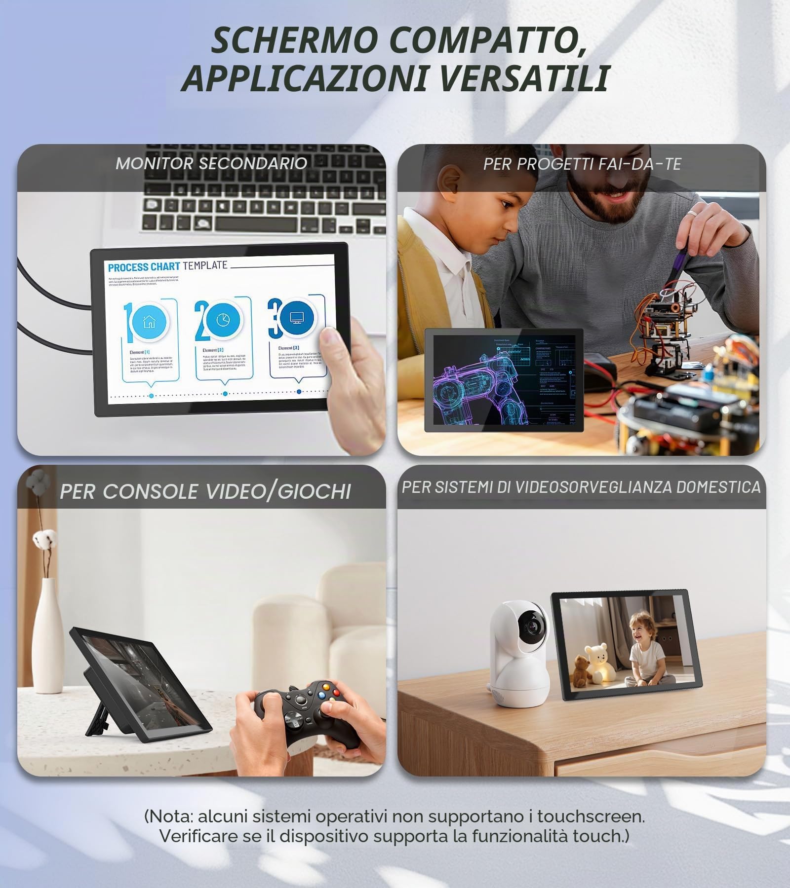 Monitor touch screen 10,1 pollici, 60 Hz, portatile 1920 x 1200, IPS, contrastso standard dello schermo VESA 16:10, compatibile con Ras Pi 5/4B/4/3/2 Windows 10/8/7