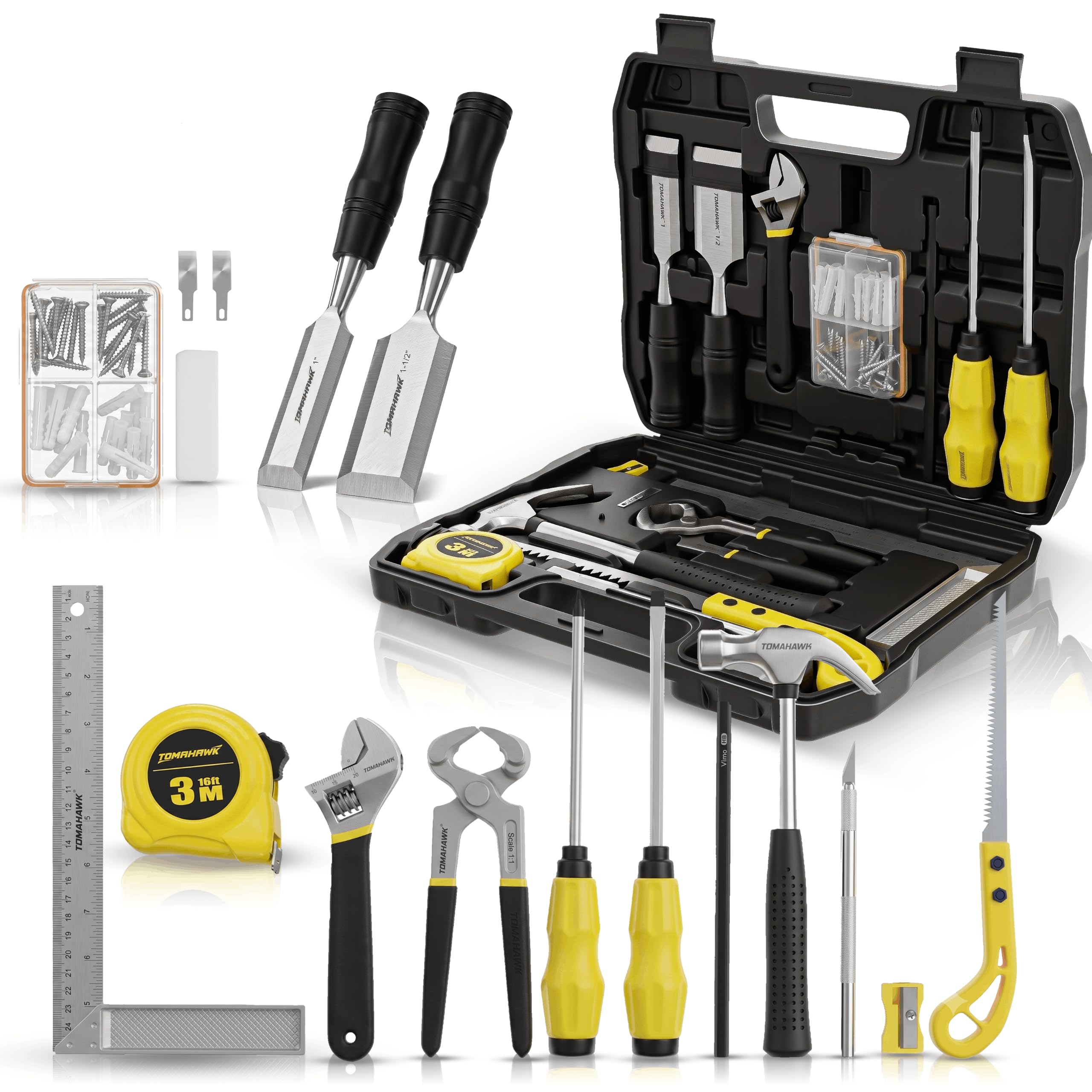 TOMAHAWK CAR-0061 61-Piece Carpenter Hand Tool Kit | Try Square, 2 x Chisels, Measuring Tape, Pincer, Adjustable Spanner, 2 x Screwdrivers, Claw Hammer, Screws with Plugs & Hand Saw with Toolbox-image-5
