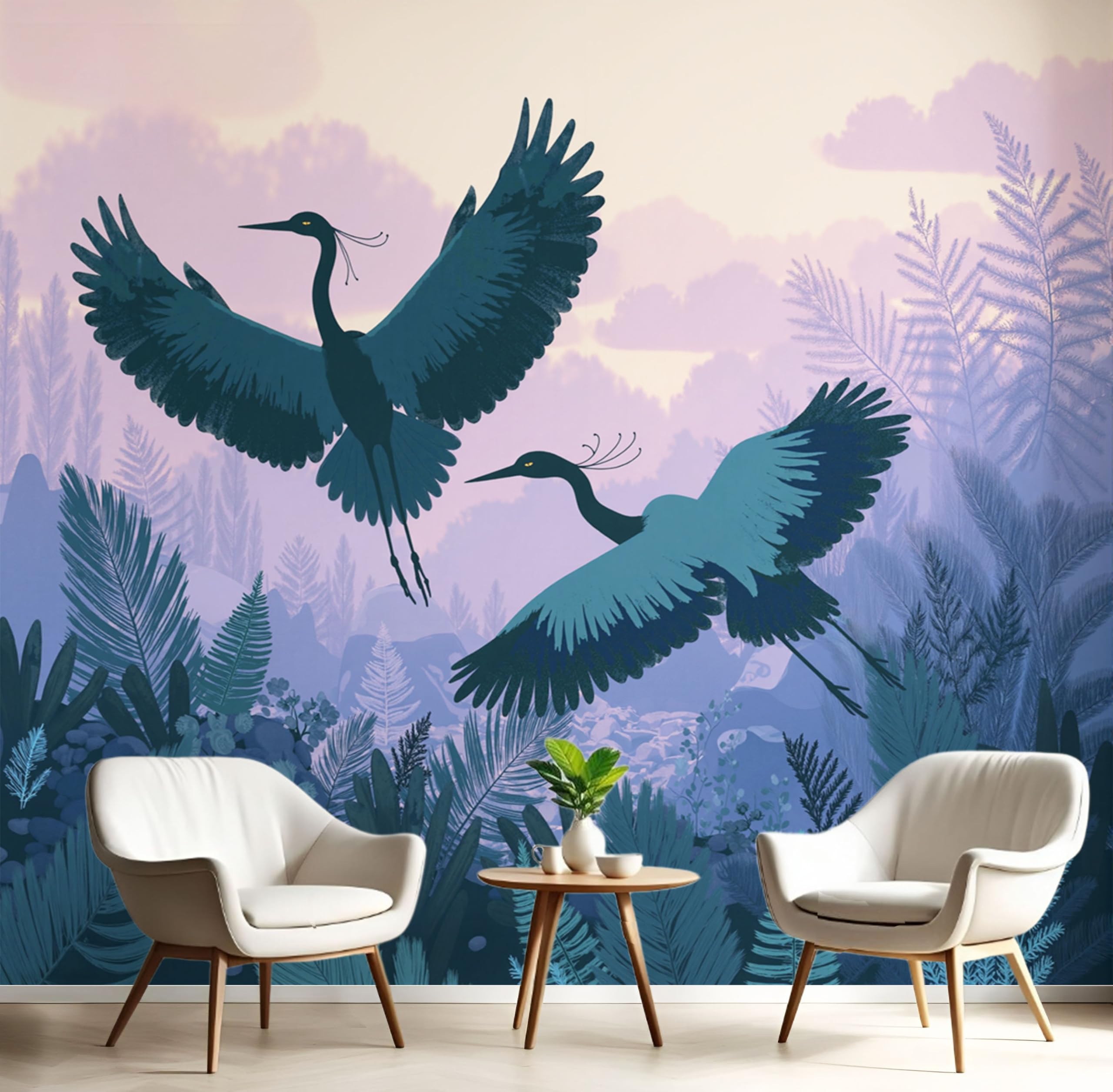 Papier peint panoramique violet jungle et hérons 250x175 cm pour salon