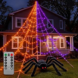 Halloween Decorations Outdoor Spider Web Lights 16.4ft 250LED Light Up Spider Web Outdoor Decoration Decor with 5ft Spider 8 Modes Timer for Lawn Yard Haunted House