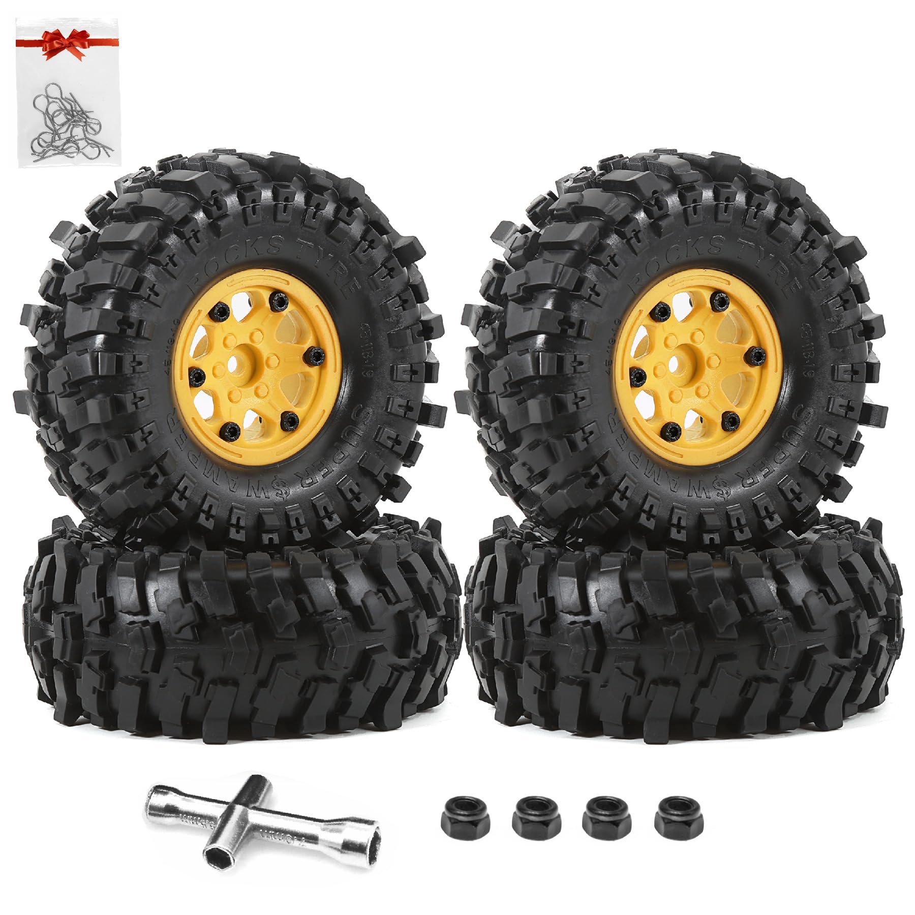 1.9 Beadlock Wheels and Tires(4pcs)， Multiple Colour Rc Wheels Suitable for All Terrain use，for 1/10 RC Crawler Car Axial SCX10 90046 UTB18 TRX4 SCX10 Pro (Yellow)