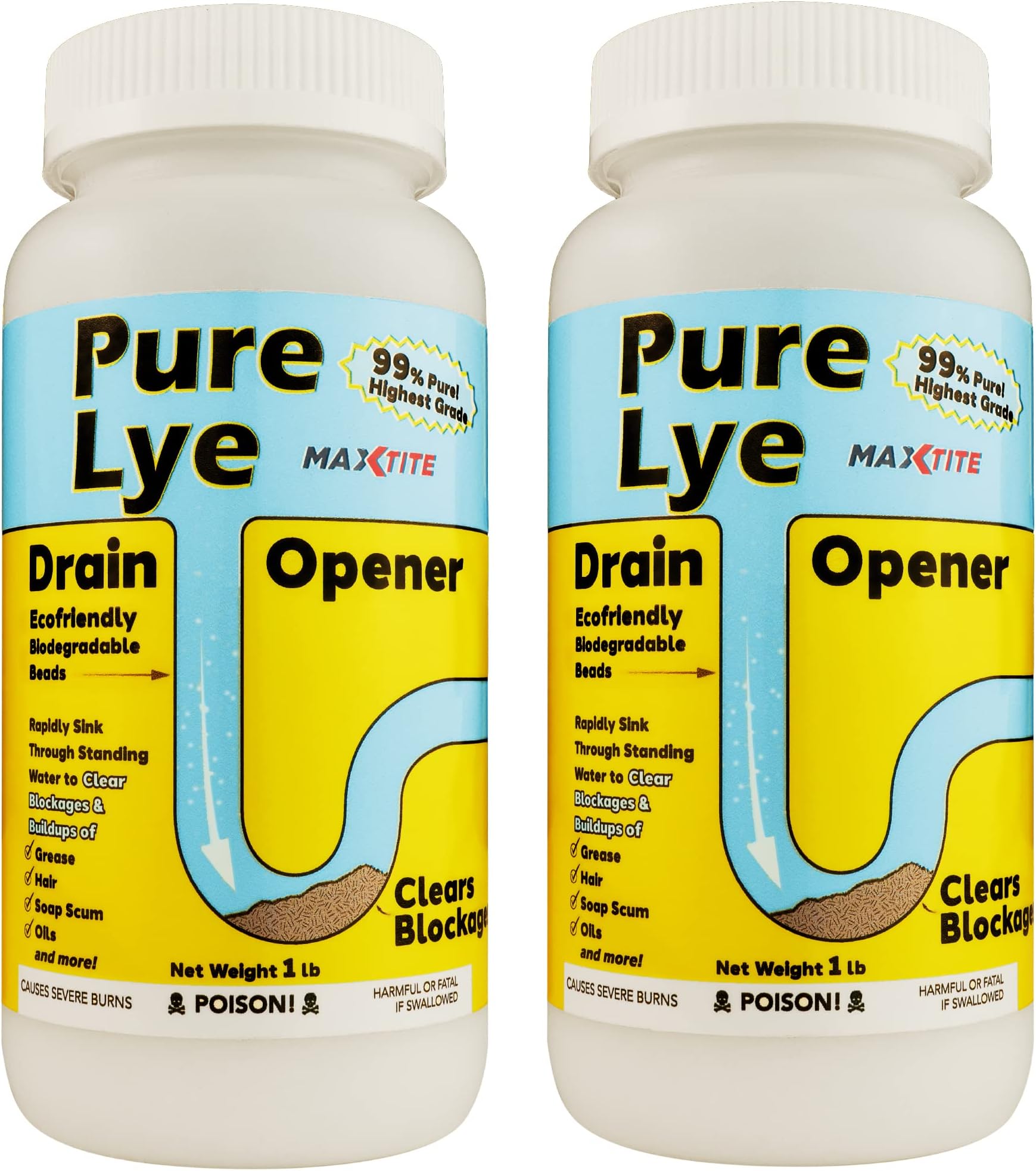 MaxTite Pure Lye (2 lbs total - 2 pack/1 lb bottles) - Sodium Hydroxide/NaOH Beads - PET container w/Resealable Child Resistant Cap