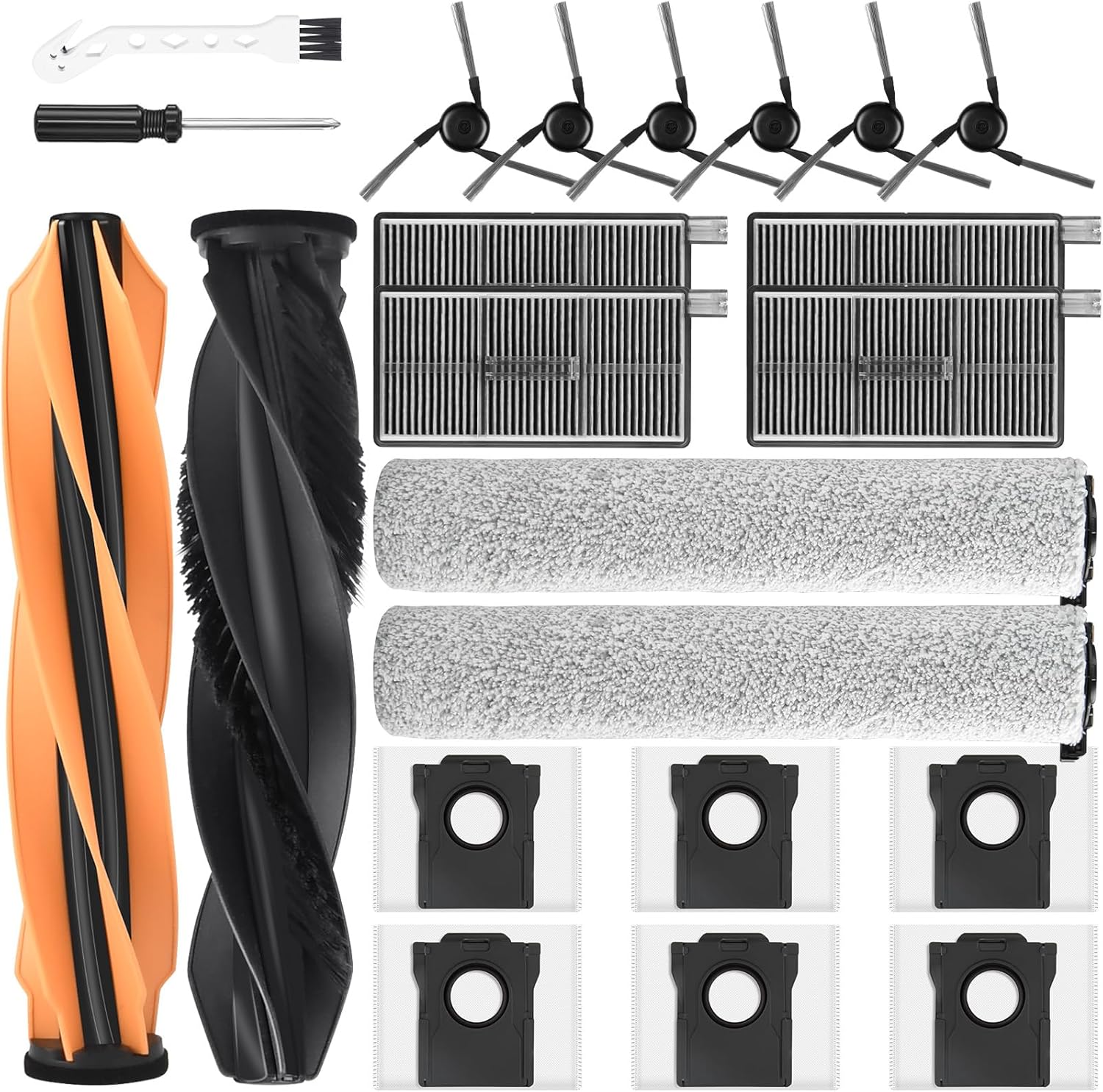 22 Pack Replacement Accessories for Dreame Aqua10 Ultra Roller Robot Vacuum, 1 Pair Main Brush 2 Roller Mops 6 Side Brushes 4 HEPA Filters 6 Dust Bags 1 Cleaning Brush 1 Screwdriver
