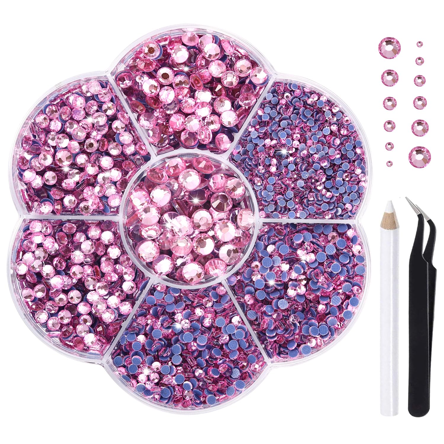 Liliume 5000PCS Hotfix Rhinestones SS6-SS30 with White Rhinestone Picker Pen & Tweezers for Clothing Shoes DIY Crafts(Pink) — image 1