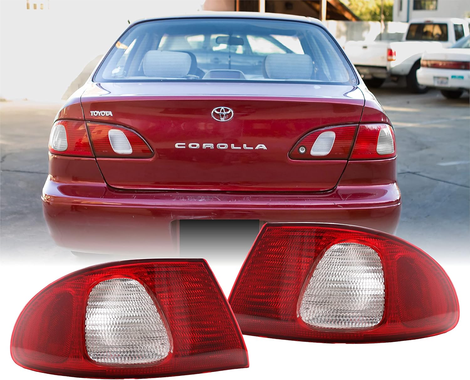USR DEPO 98-02 Corolla OUTER Red Clear Rear Tail Lights (Left + Right) Compatible with 1998-2002 Toyota Corolla (JDM Red Clear Lens, Plug and Play, 2 PC Set)