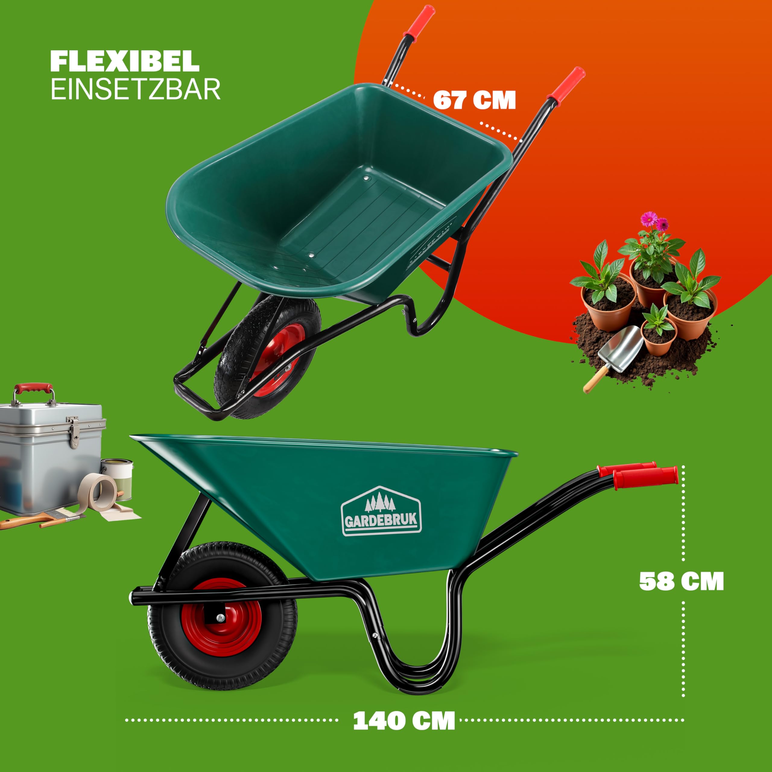 GARDEBRUK Schubkarre 100 Liter Bauschubkarre Gartenschubkarre bis 250kg Belastbarkeit Luftreifen stabile Ausführung mit Kunstoffwanne