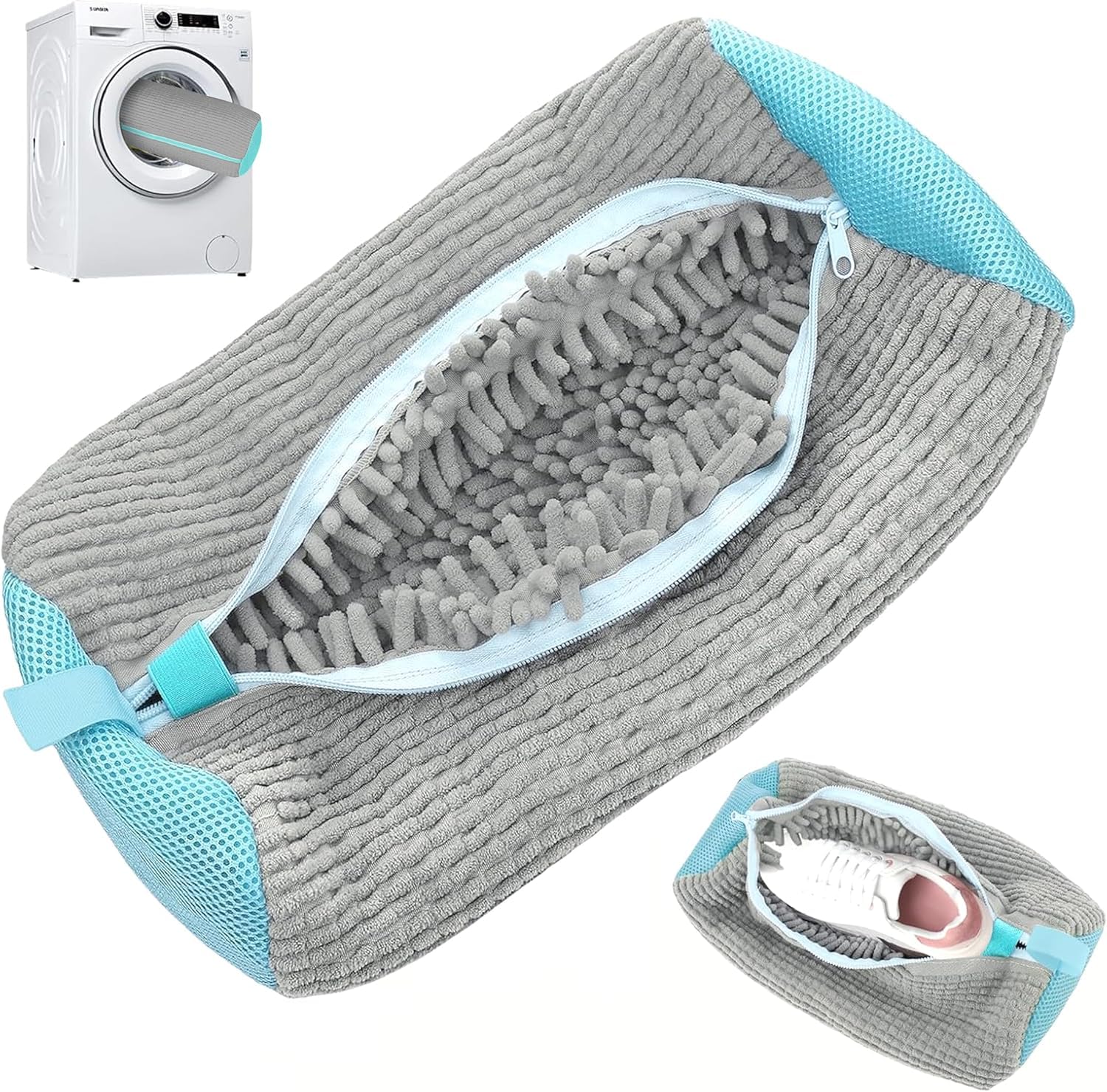 Shoe Washing Machine Bag, Reusable Laundry Shoe Bag for Washer & Dryer, Heavy Duty Mesh Trainer Wash Bag with Chenille Microfibres, 360° Deep Cleaning for Sneakers & All Shoe Types