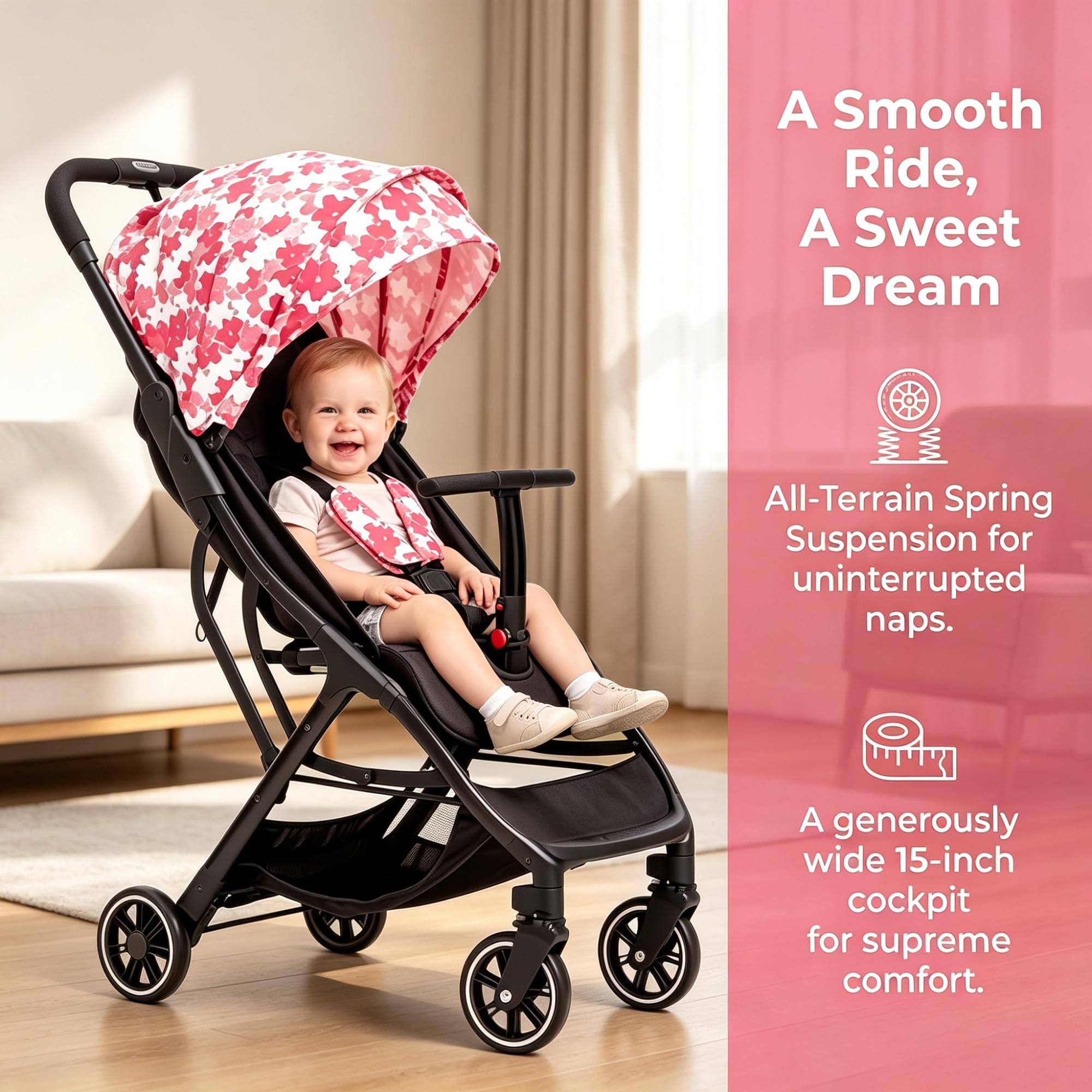 Cool Kids Lightweight Travel Stroller, Auto Fold Reversible Buggy Pink