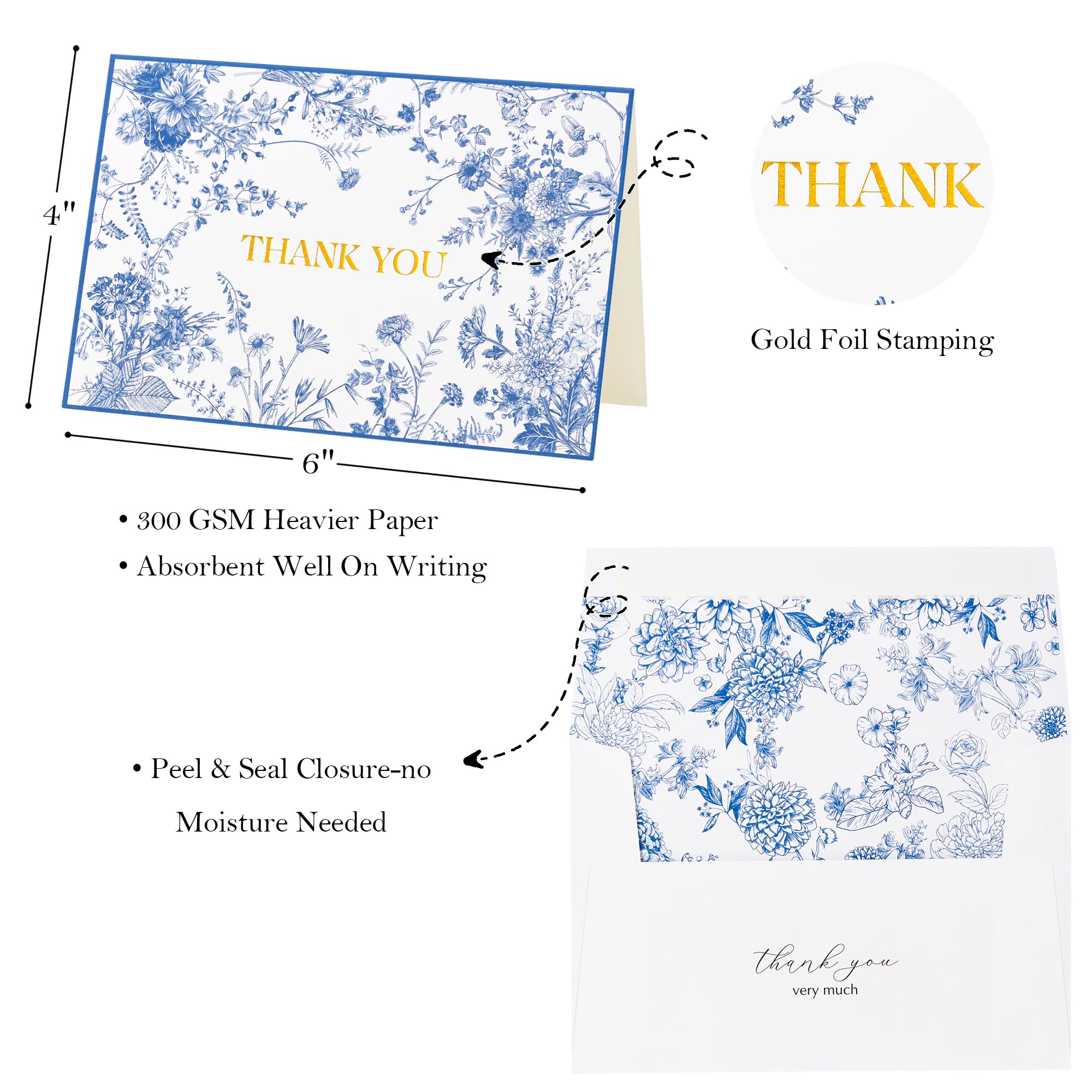 Crisky 50 Pack Blue Floral Thank You Cards Gold Foil Greeting Notes Bulk With Envelopes Amp Stickers For Birthday Baby Shower Bridal Shower Wedding Graduation Business P 200061357