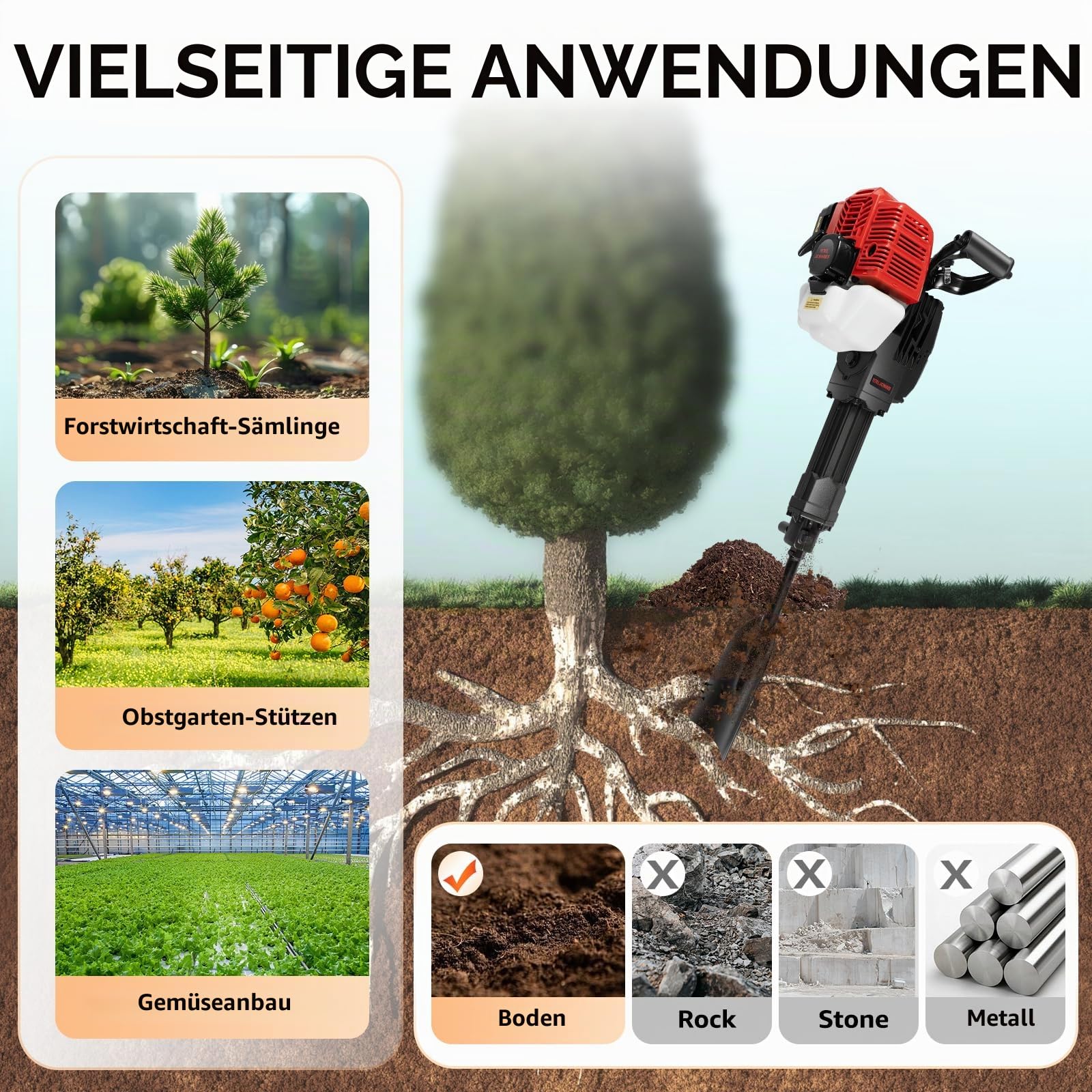 1900W Benzin Baumspaten & Wurzelschneider - Robuster Baumumpflanzbagger für Garten, Rasen, Landschaftsbau - 52cc 2-Takt-Motor mit niedrigem Kraftstoffverbrauch