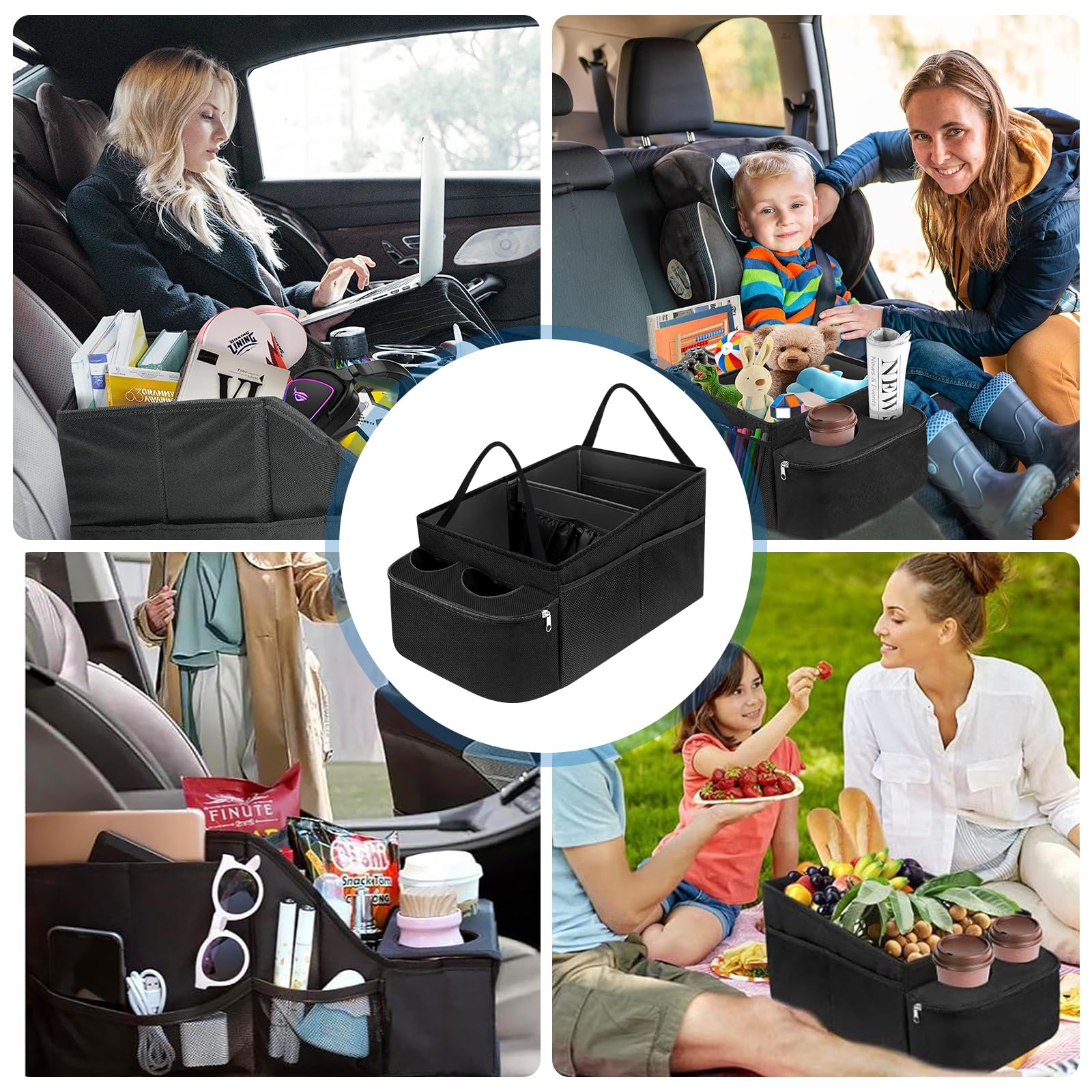 BYZESTY Organisateur de Coffre avec Porte-Gobelet - Rangement Voiture Pliable, Multi-Compartiments pour Siège Passager et Interieur