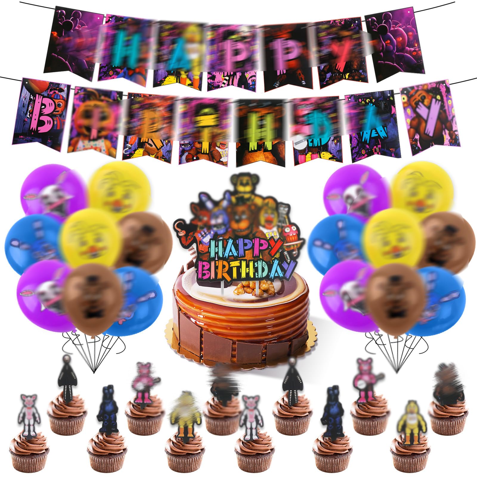 34PCS Birthday Decorations, Midnight Bear Party Decorations, Birthday Party Supplies for Boys Girls, Include Banner, Balloons, Cake Topper, Cupcake Toppers