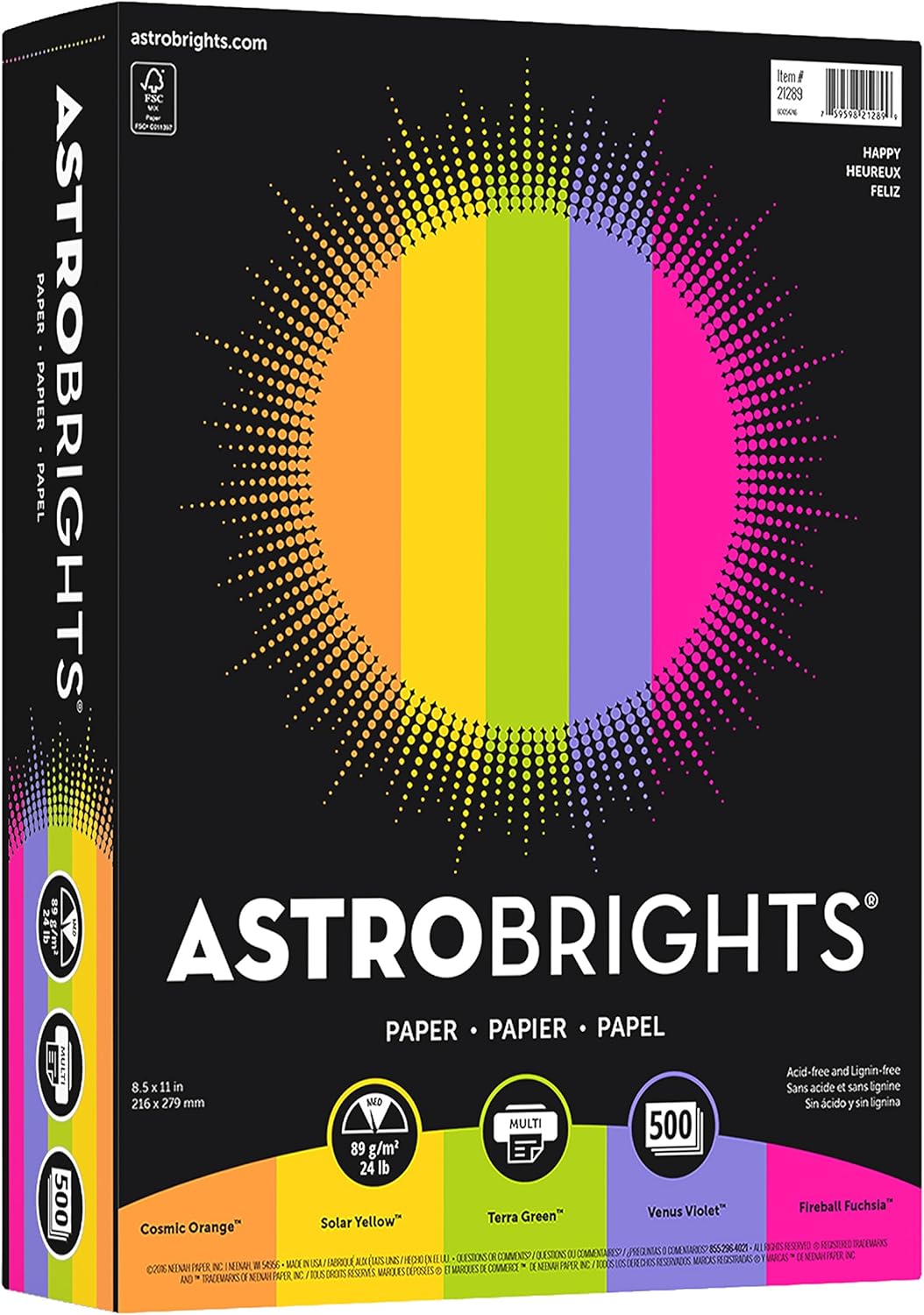 Astrobrights Color Paper, 8.5" x 11", 24 lb/89 gsm, "Happy" 5-Color Assortment, 12 Reams, 6,000 Sheets Total (21289)