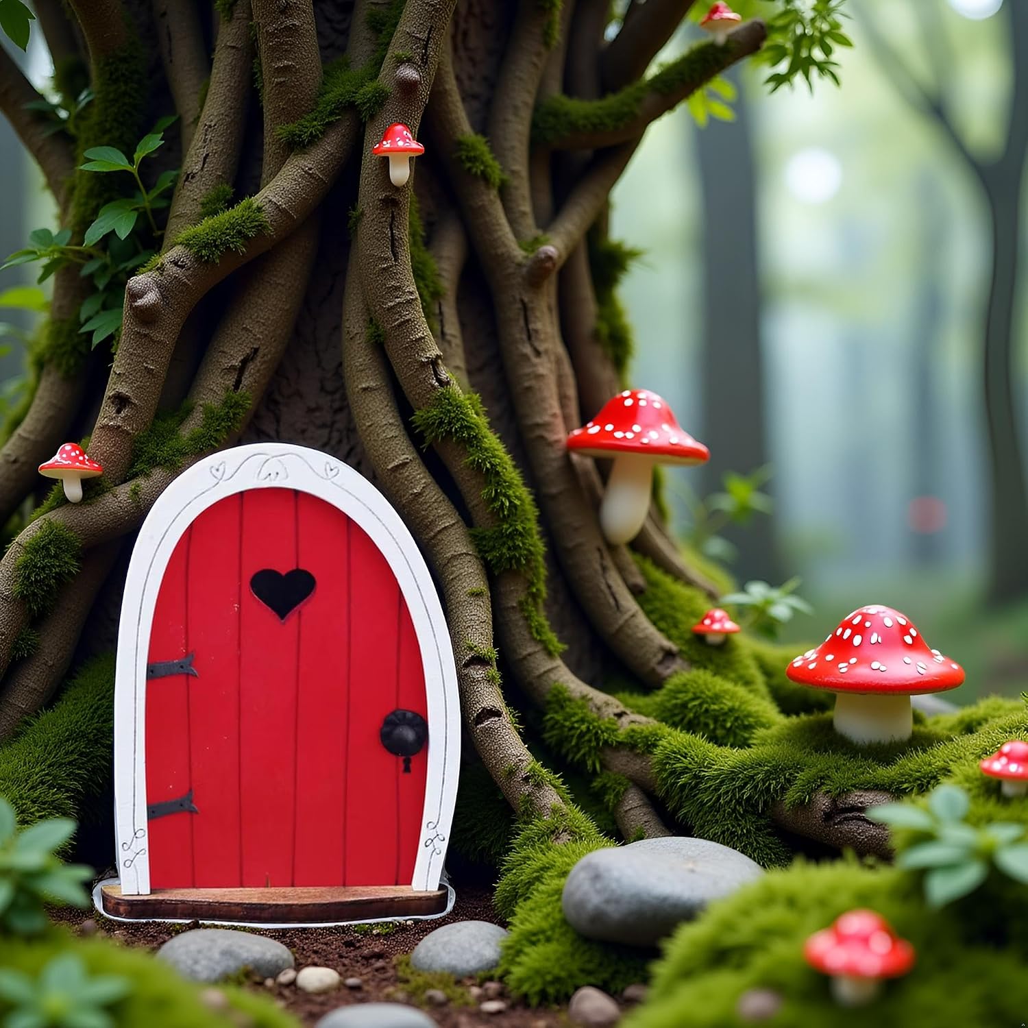 Jinshining Red Streak Mini Fairy Garden Door for Tree, 3D Miniature Fairy Door for Fairytale Tiny House Doors, Bonsai Terrarium Micro Landscape Decoration Accessories Garden Miniatures