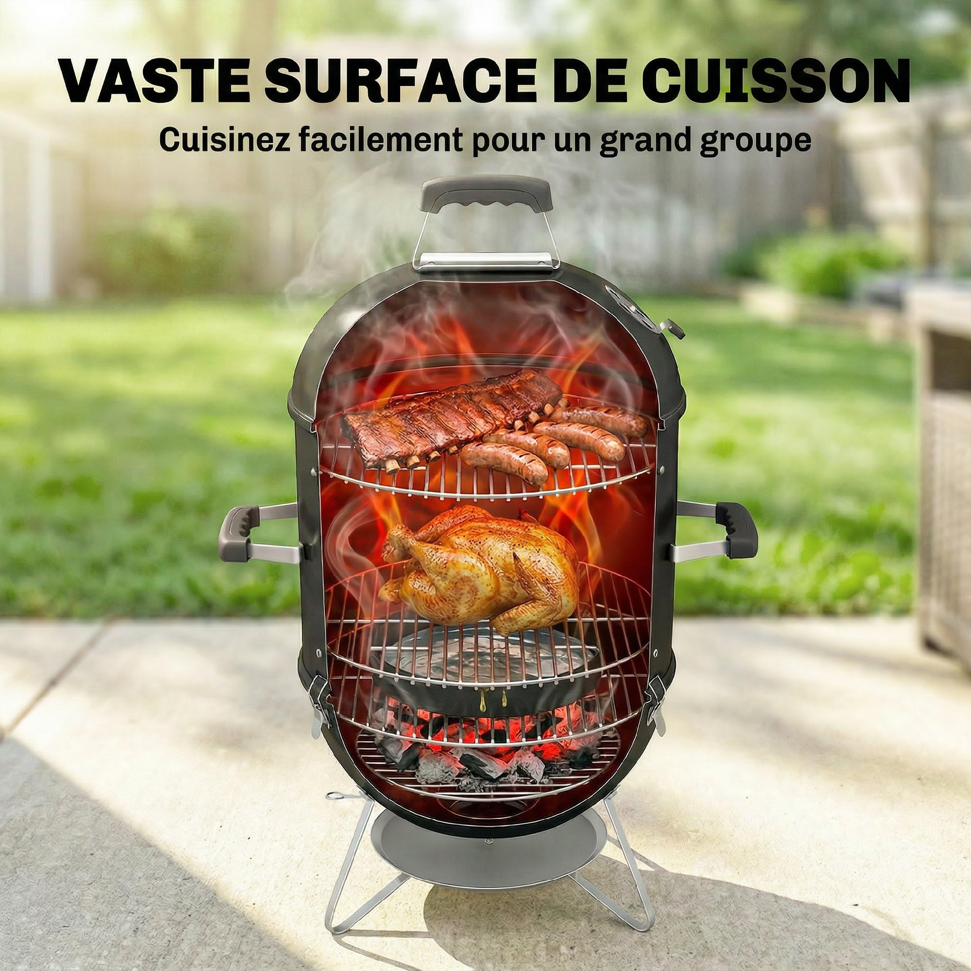 Outsunny Affumicatore 3-in-1 3 Griglie di Cott. Termometro Integrato Nero | Ø44 cm, presa d'aria regolabile, coperchio rimovibile, maniglia isolata, barbecue a carbone, carne e pesce