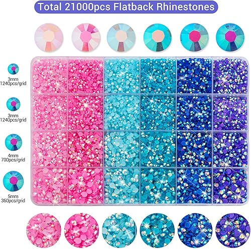 Miniatura 9 de Diamantes de imitación con parte trasera plana, 21000 unidades de piedras preciosas de resina AB, 6 colores de diamantes de imitación redondos para