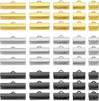 150 Pcs Ribbon Clamp End Iron Ribbon Ends with Clamps Clamp Cord Ends Pinch Crimp End Bookmark Leather Fastener Clasps for Necklace Bracelet Jewelry Making 5 Sizes, 3 Colors