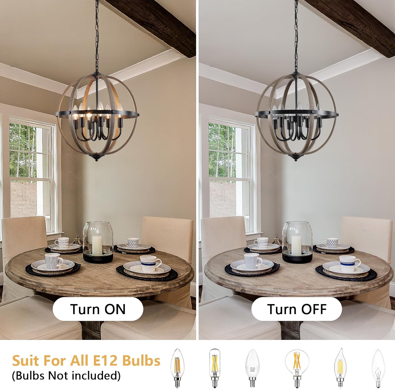 Farmhouse Wood Chandelier 6 Light, Orb Chandelier 17.12'' Metal Rustic Globe Pendant Light, Faux Wood Texture Adjustable Hanging Ceiling Light Fixtures for Kitchen, Dining Room, Foyer Hallway