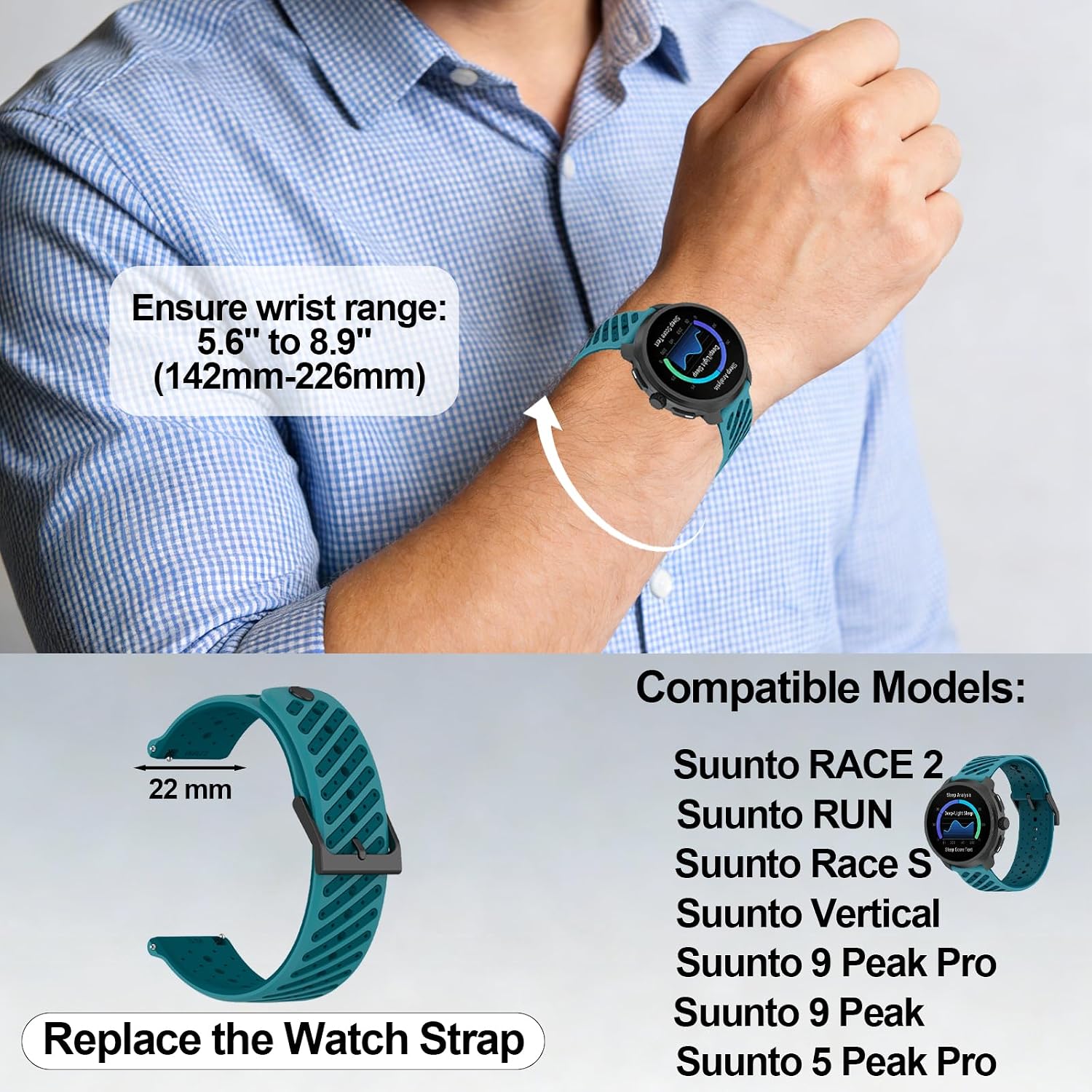 Silicone Replacement Bands Compatible with Suunto RACE/RACE 2/RUN/Race S/Vertical/9 Peak Pro/9 Peak/5 Peak, Soft & Breathable Smartwatch Straps for Women and Men image 5
