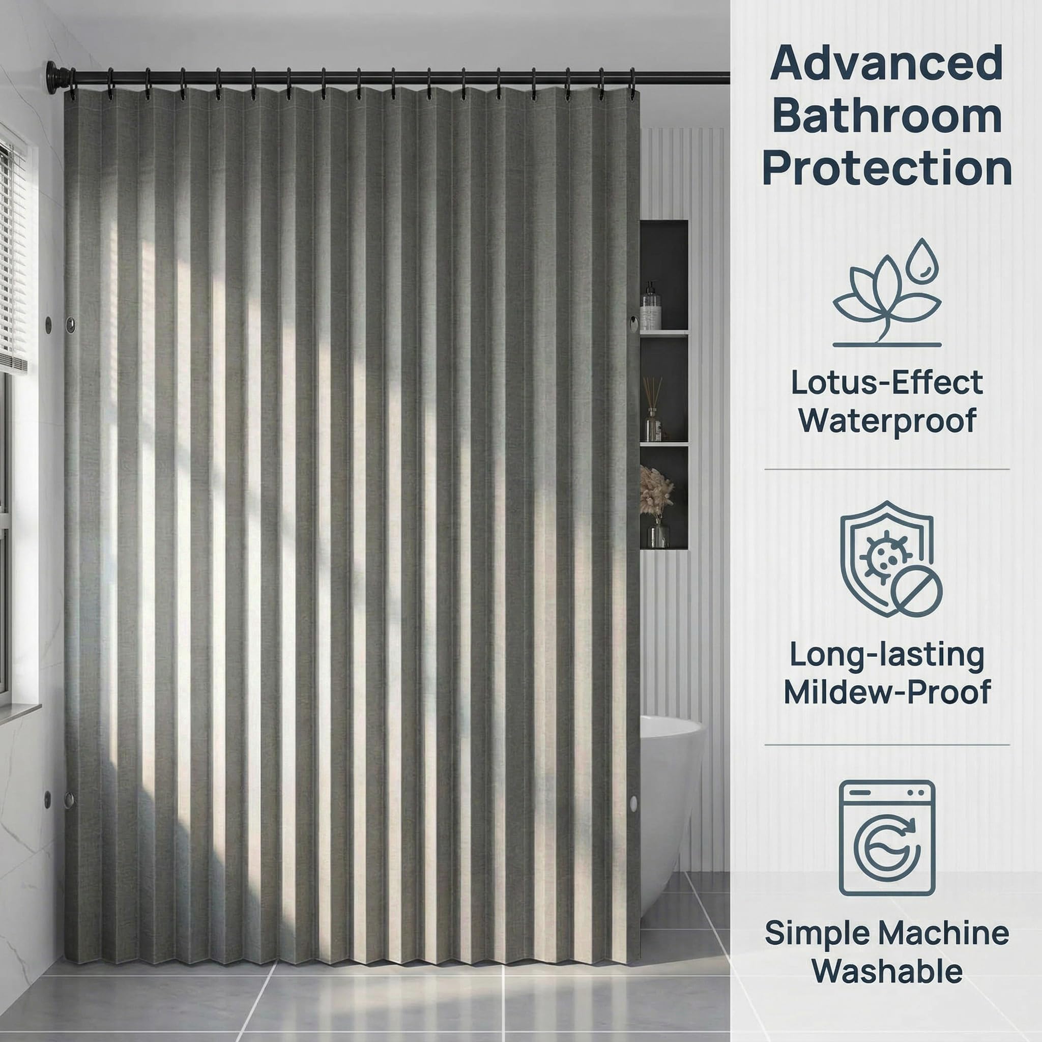 Plegable Cortina Ducha Antimoho Lavable, Gris, 180x200cm