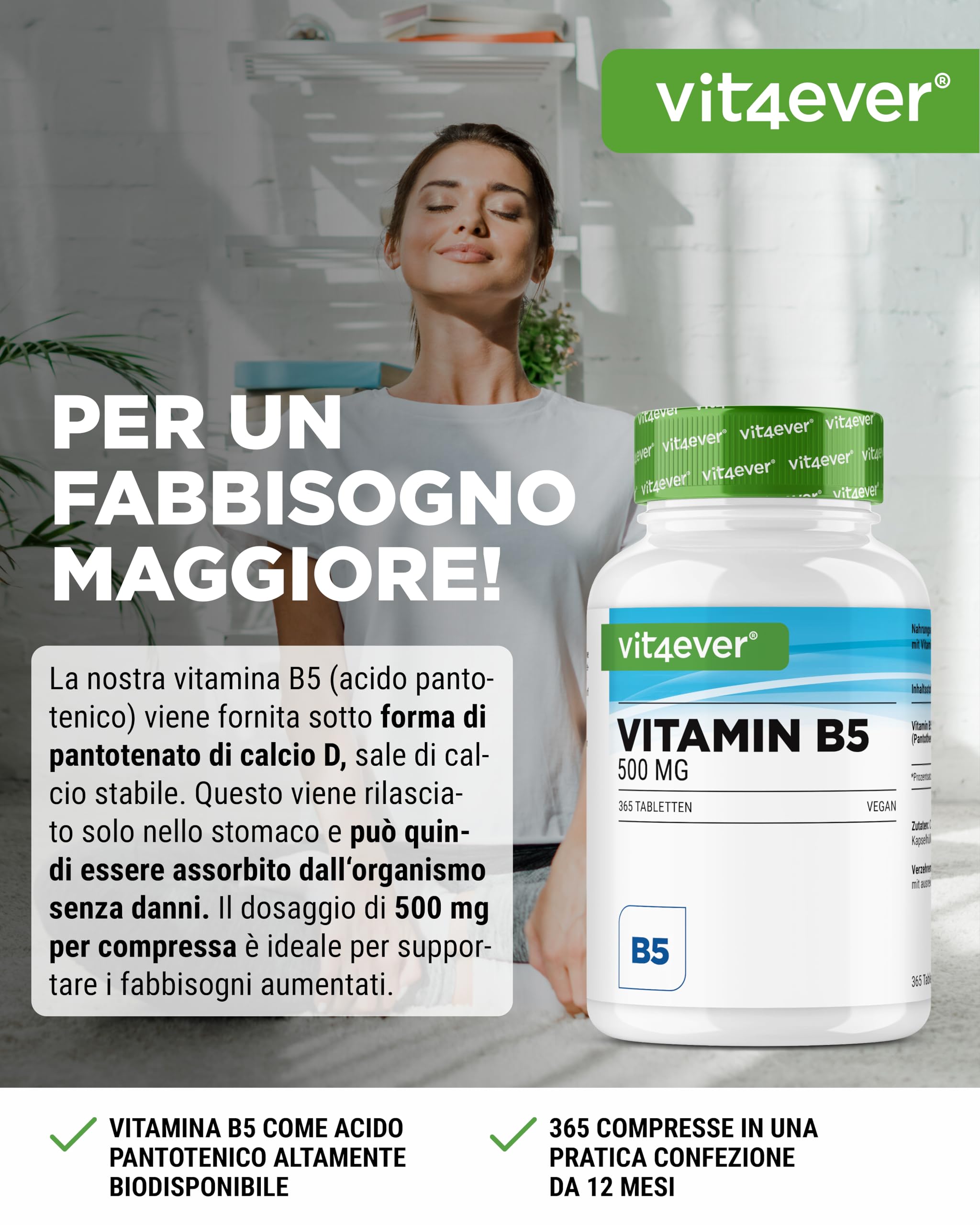 vit4ever Vitamina B5 (Acido Pantotenico) - 500 mg - 365 Compresse - Scorta per 1 anno - Alto Dosaggio - Senza Additivi Indesiderati - Vegano