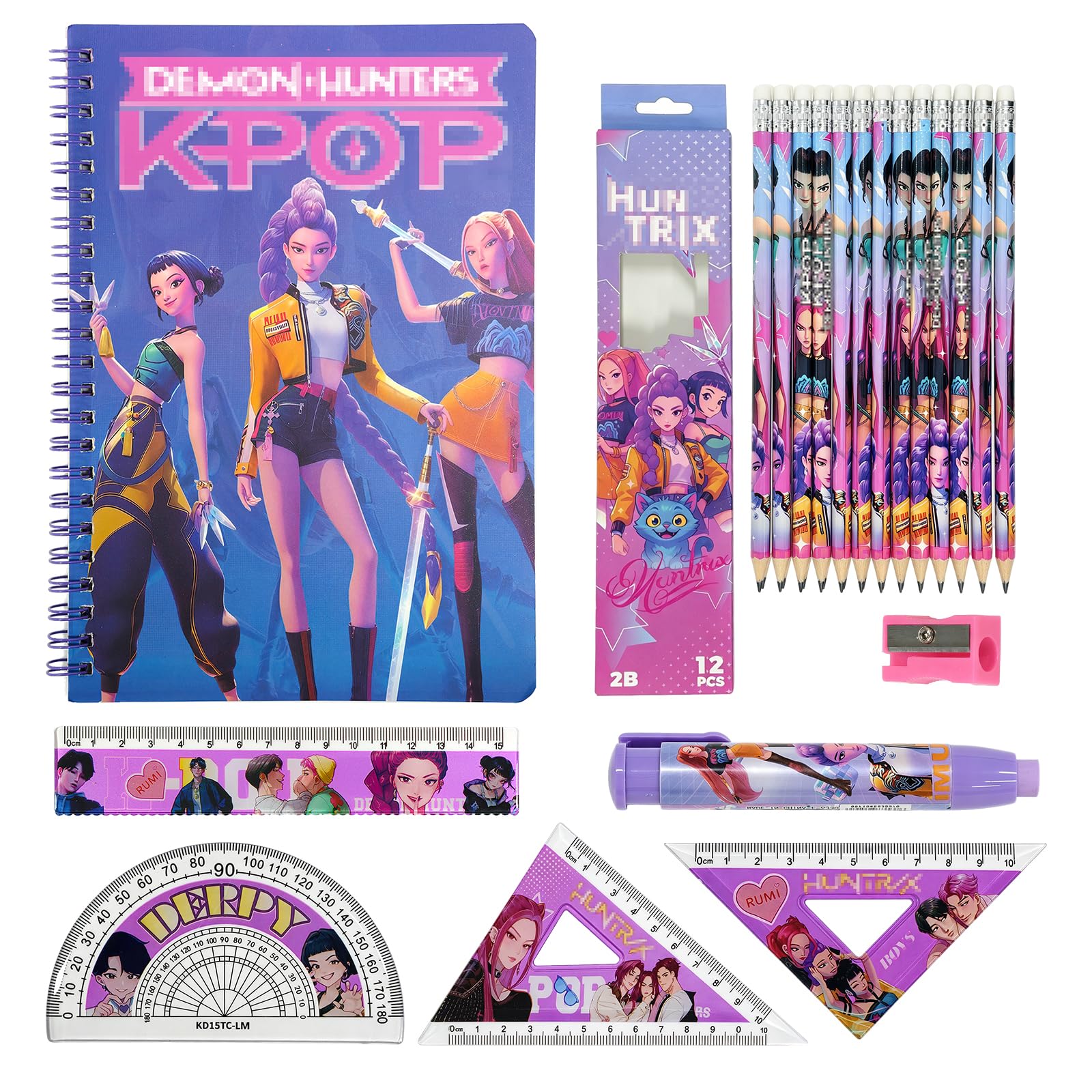 YFCHOTI Korean Pop Girls Stationery Set, Pencils, Eraser, Rulers, Pencil Sharpener, Notebook, Anime Hunter, Beginning School Supplies Stationery Gift Set