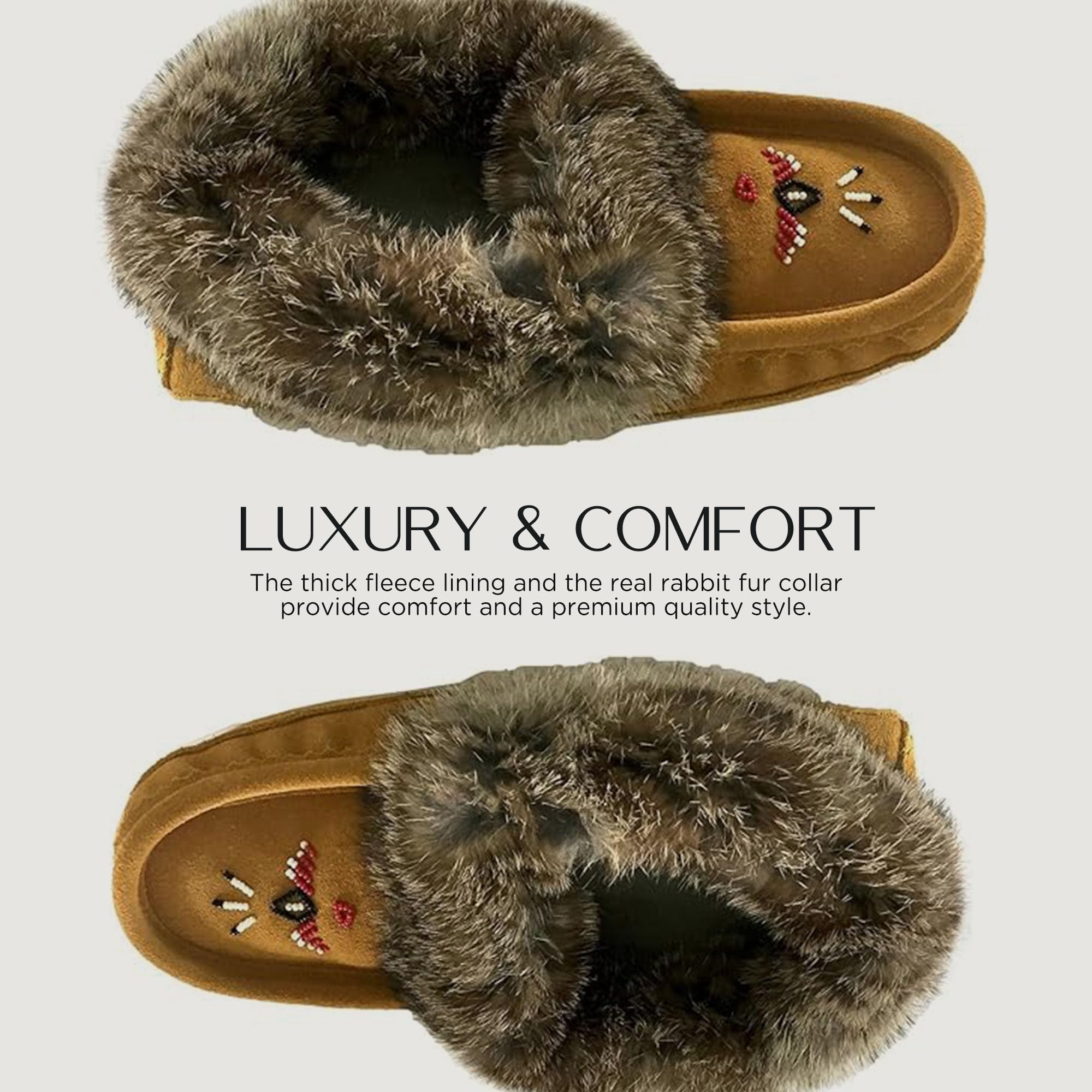 Laurentian Chief Moccasin Slippers for Women – Ladies Comfortable Slippers with Real Rabbit Fur Trim and Soft Faux Lining – Canada Quality Beaded Style Warmie Shoes for House Indoor