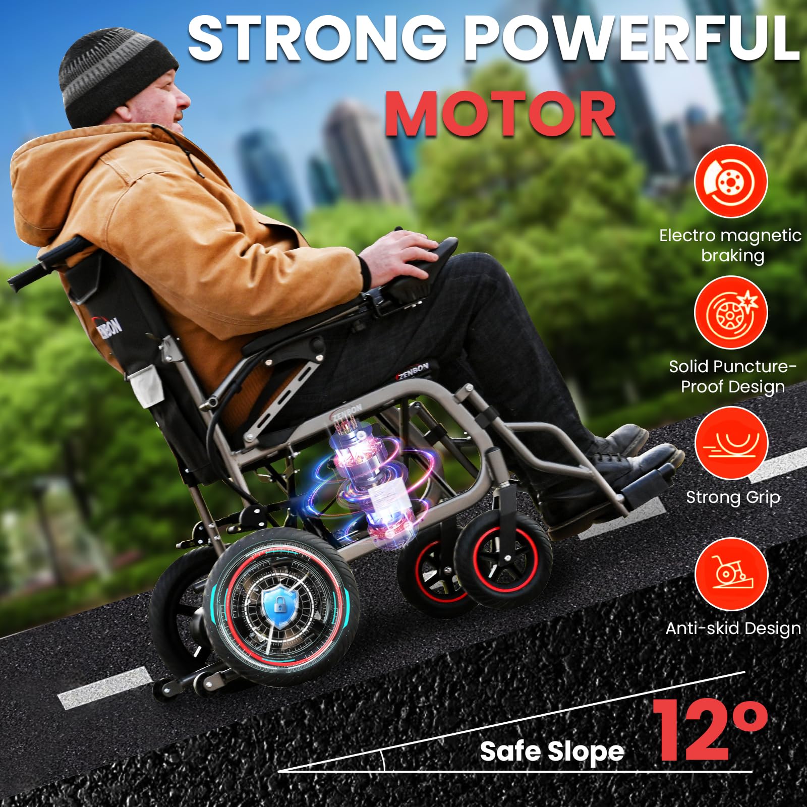 12 Miles Cruise Range ZENBON Electric Wheelchairs for Adults, Lightweight Foldable Powered Wheelchair, Intelligent Motorized Wheelchairs for Seniors,Portable All Terrain Electric Mobility Chair