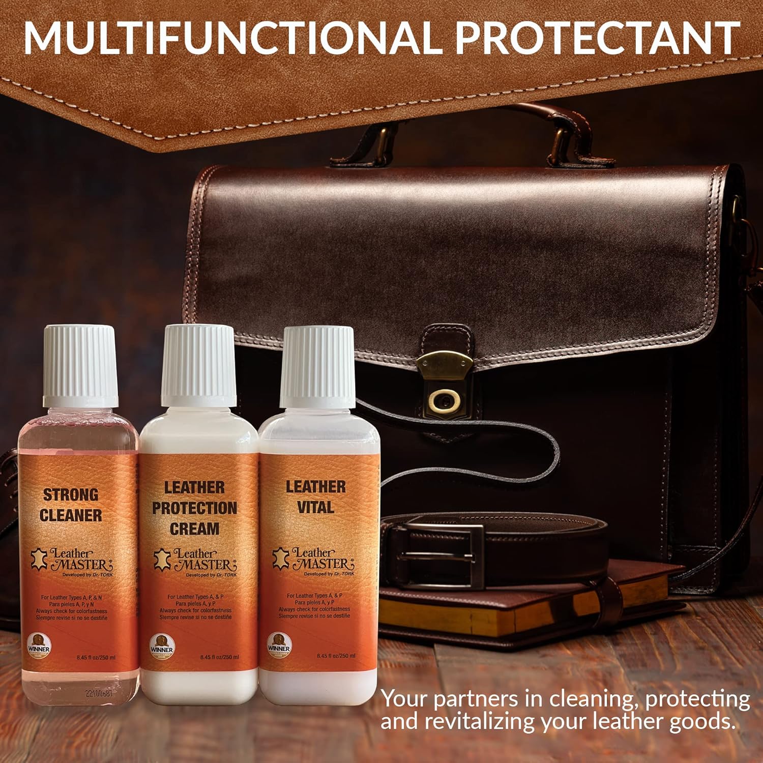 Leather Master Strong Leather Care Bundle - 250 ml Exceptional Leather Care Stain Remover, Protector and Polish Kit. Made to Clean Leather Accessories, Auto Detailing, Furniture, Handbags and Shoes - Image 2