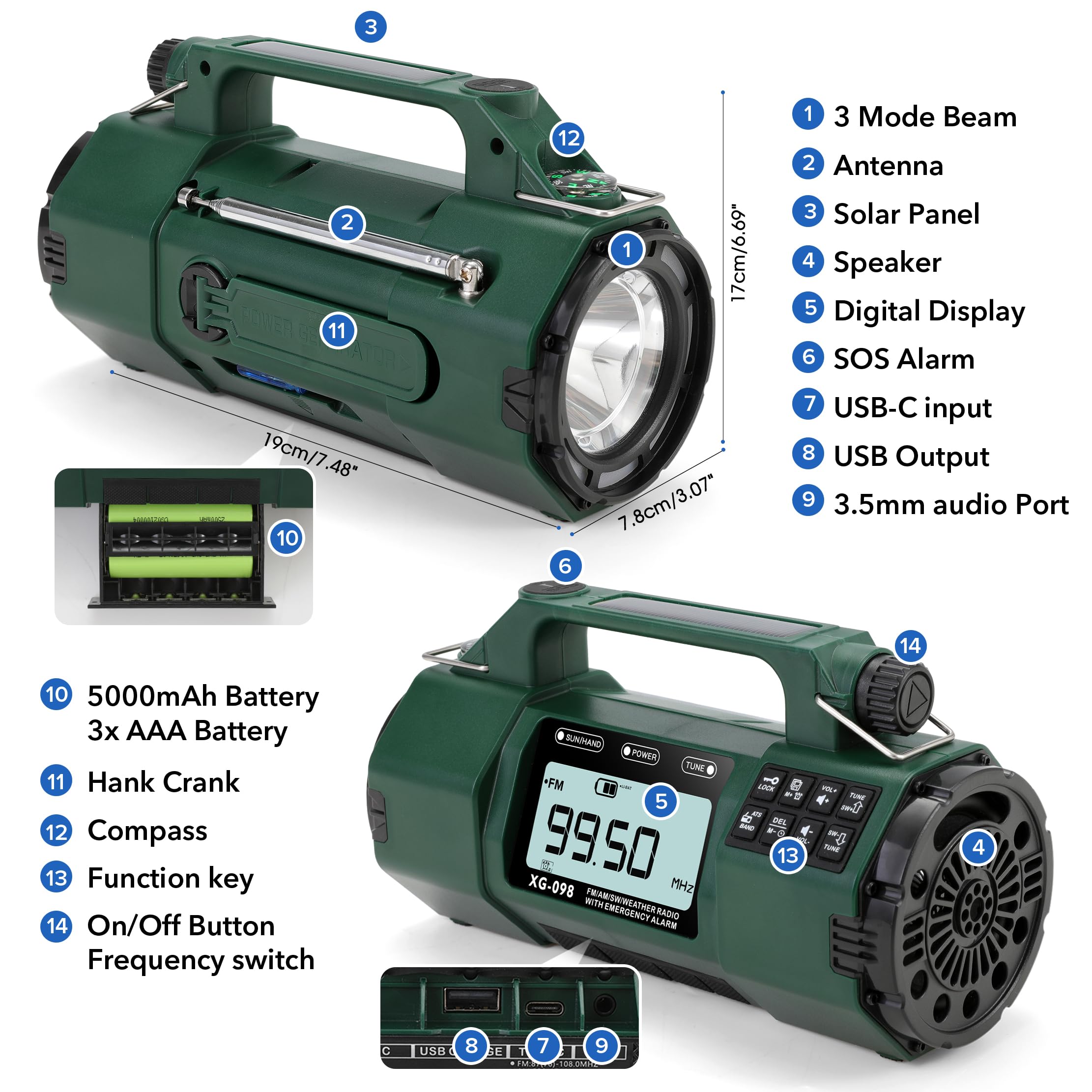 Radio d'alerte d'urgence NOAA à manivelle solaire, radio météo AM/FM/SW, radios solaires, lampe de poche, chargeur de téléphone portable, charge de type C, réveil minuteur, réveil, prise casque