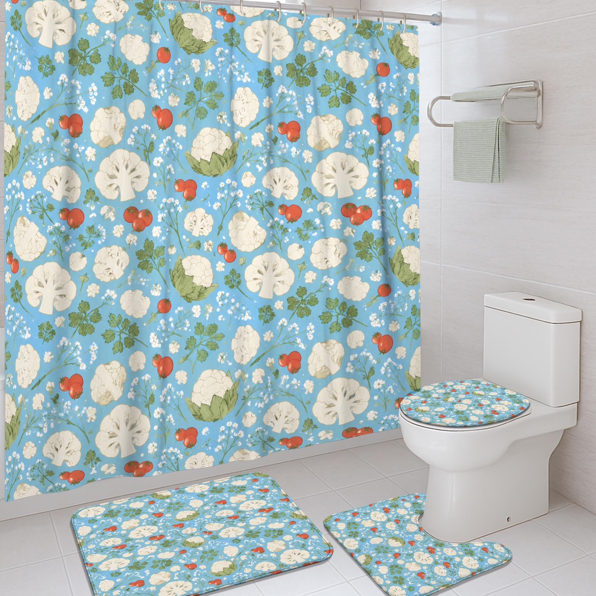 Rideau de douche bleu tomates et chou-fleur pour sublimer la baignoire d'une chambre d'hôtes