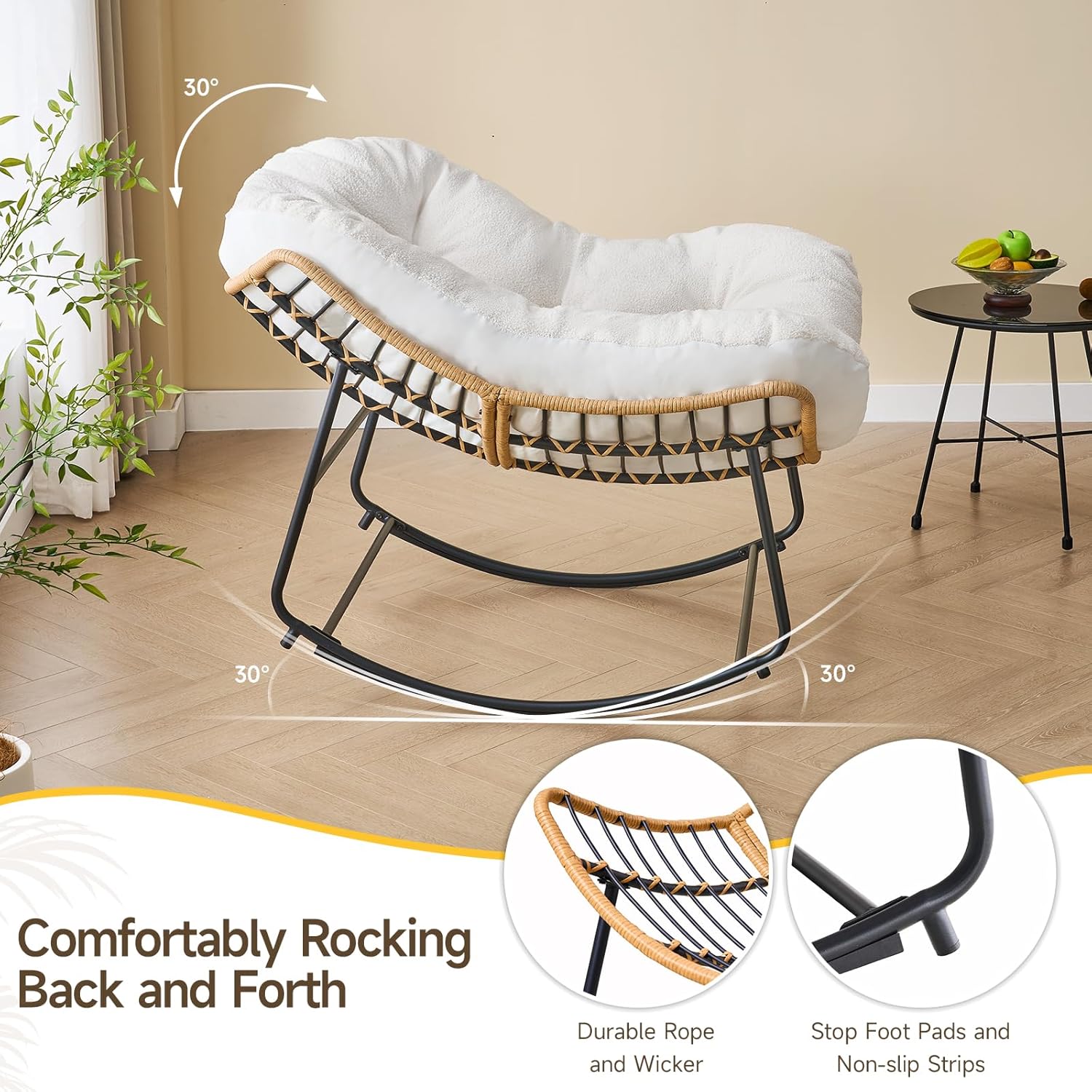 ONBRILL Outdoor Rocking Chairs, Oversized Papasan Rocking Chair Indoors with Padded Cushions, Rattan Wicker Lounge Chair for Living Room, Porch, Patio, Garden, White