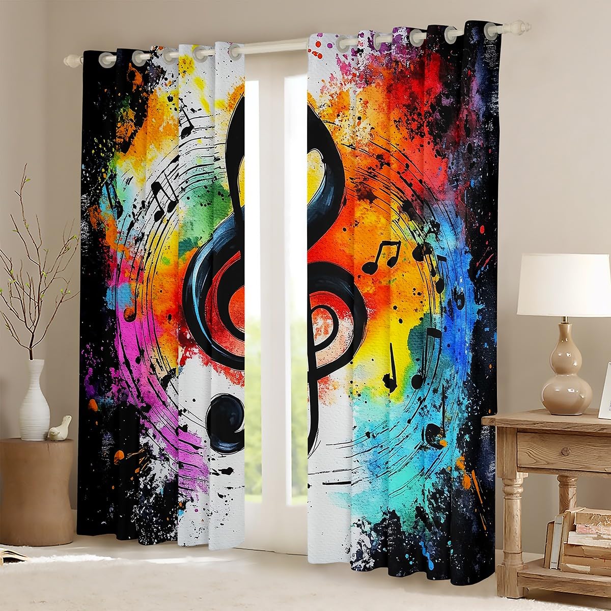 Cortinas de ventana para niños, diseño de graffiti teñido anudado, moderno, para niños y niñas, tema de música hip pop, rock, negro, blanco, tratamiento de ventana, juego de 2 paneles con