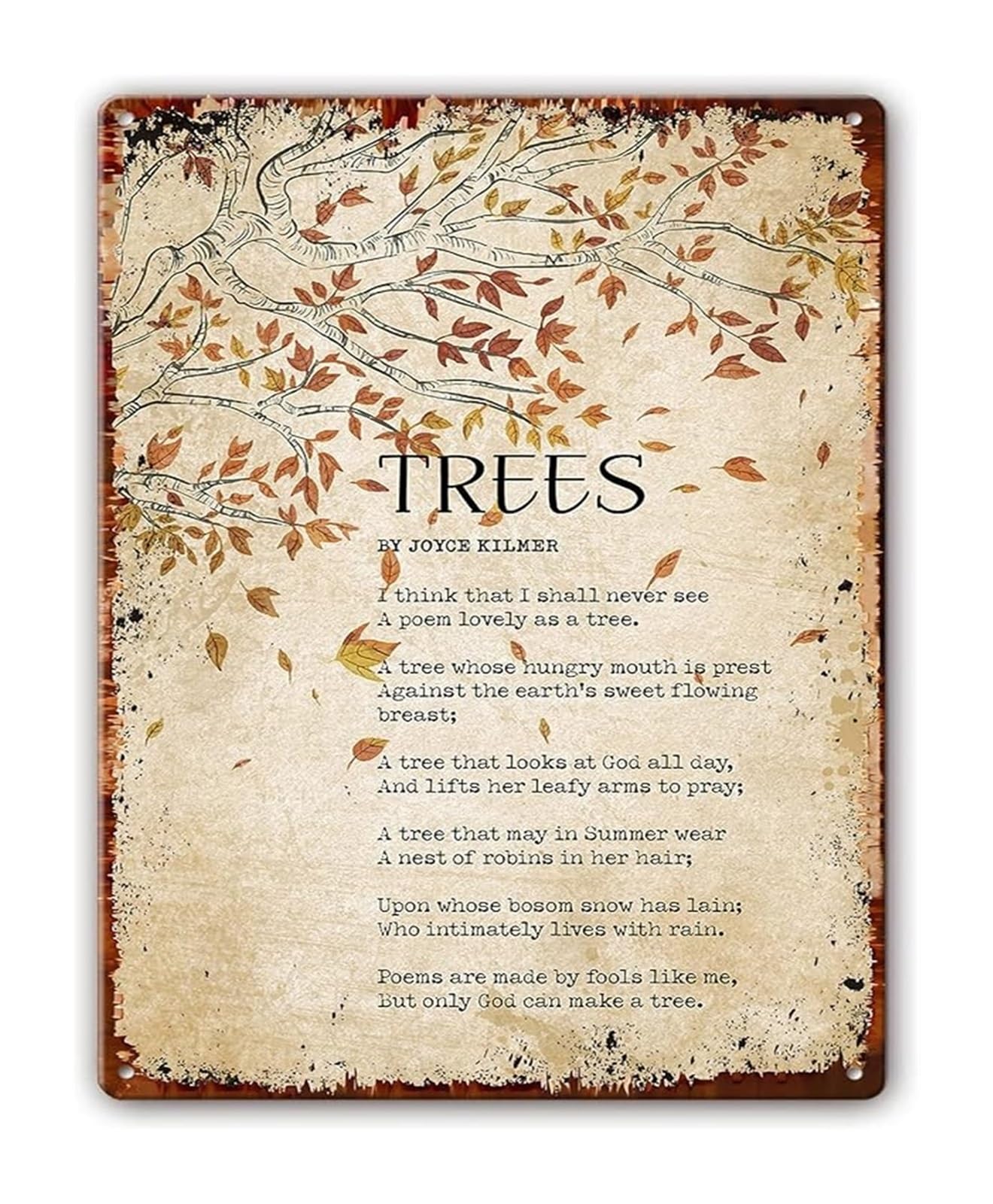 NWPNLXEA Vintage Nature Poem Sign Trees by Joyce Kilmer Quote Metal Wall-Art Literary Home Decor 8 X 12 in