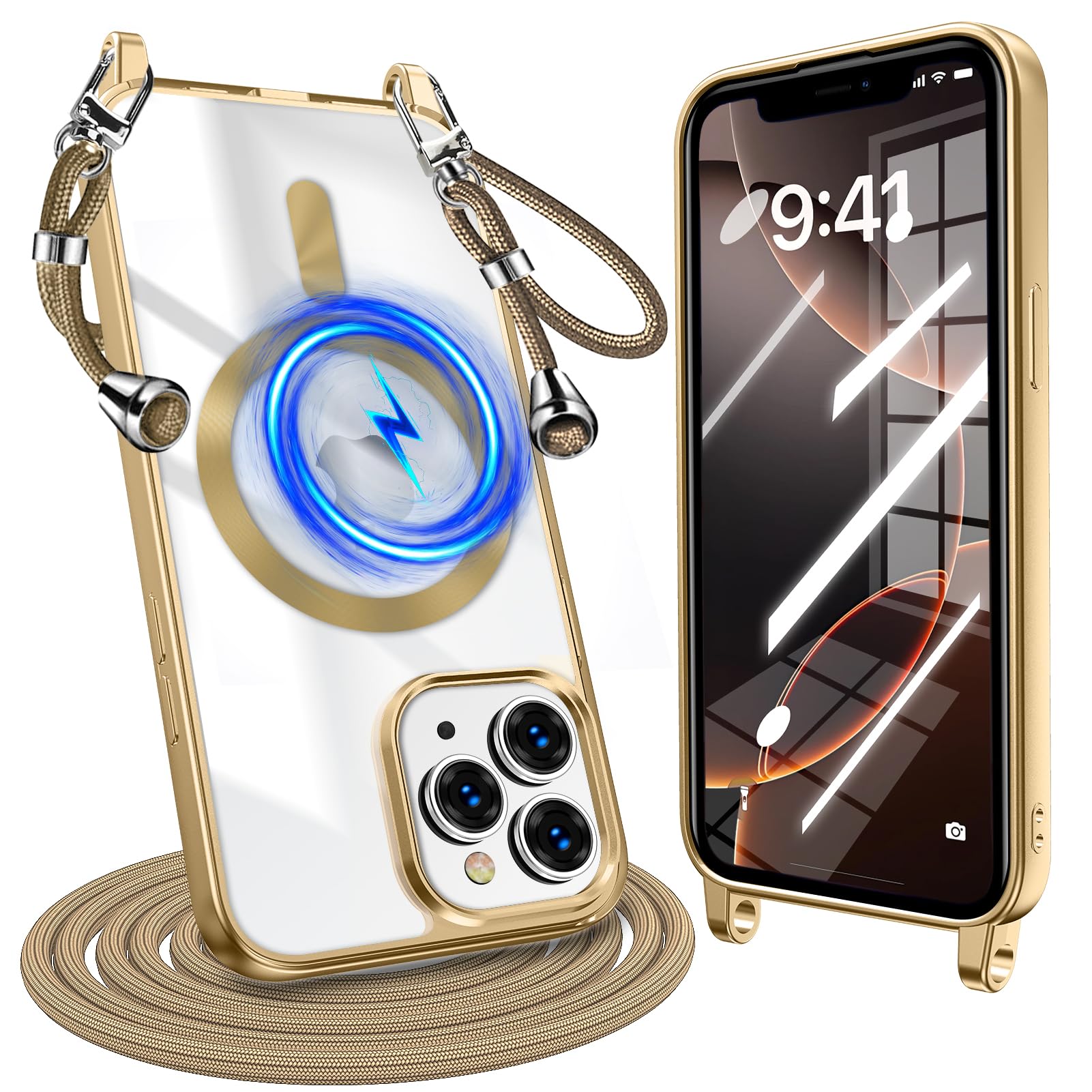 iPhone 16 Pro Max 用 ケース クリア ショルダー 耐衝撃 アイフォン 16 プロ マックス 用 ケース Magnetic対応 ストラップホール付き 肩掛け 紐付き TPU 斜めかけ 縄掛けケース 長さ調整可能 取り外し可能 落下防止 紛失防止 軽量 一体型 ワイヤレス充電対応 メッキ加工 アイフォン 用 カバー 金 W-CXKS-10-03