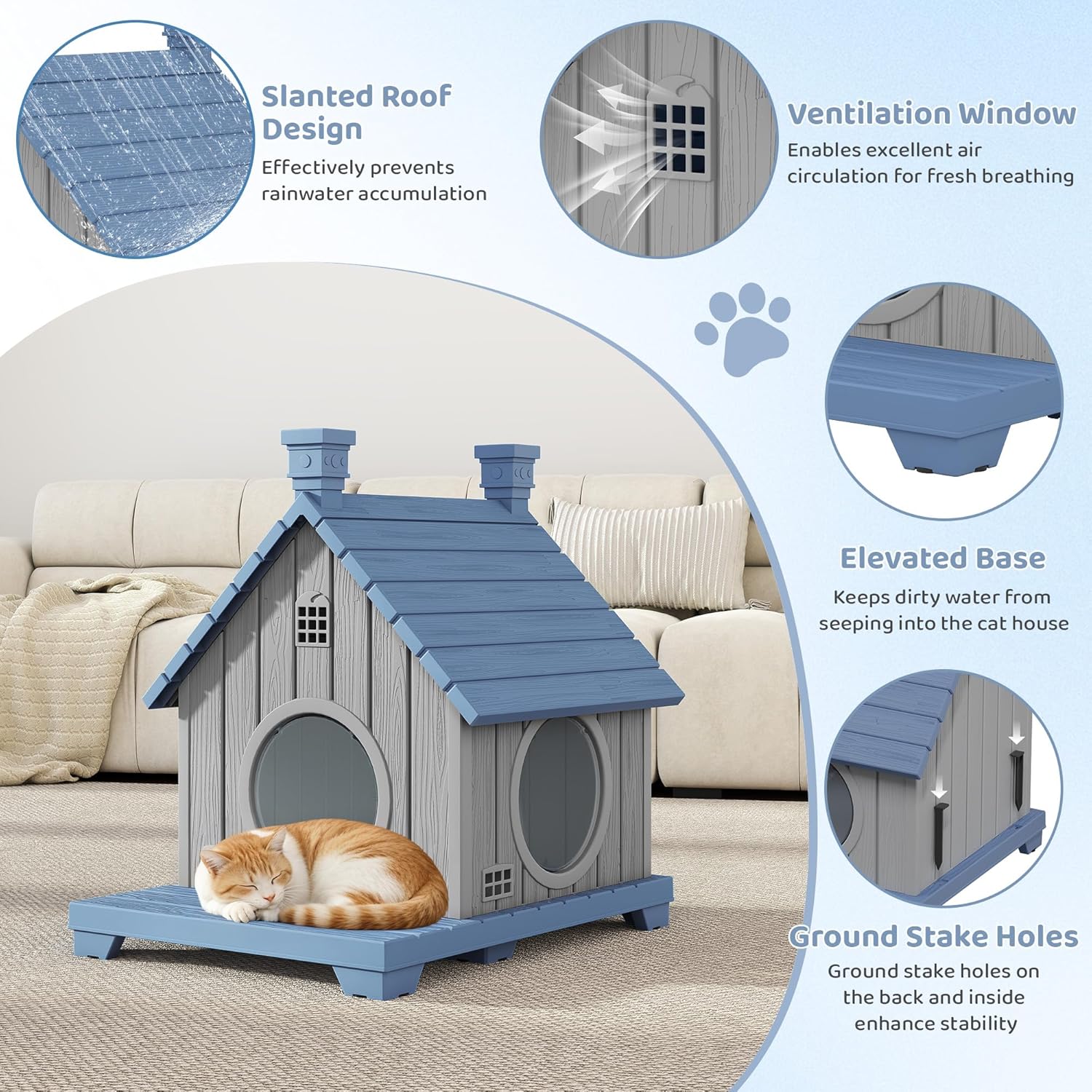 Outdoor Cat House Weatherproof, Durable Resin Cat Houses for Outdoor Indoor Cats, Outdoor Cat Enclosure Shelter with Elevated Base, Anti-Slip Pad, Ventilation, Blue
