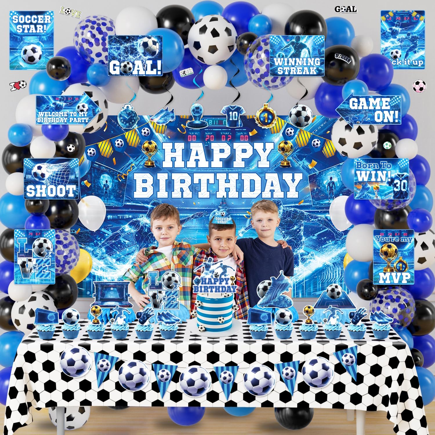 Soccer Party Decorations for Boys, 173Pcs Blue Soccer Ball Bday Party Decor Supplies for Kids - Backdrop, Banner, Tablecloths, Centerpieces, Hanging Swirls, Stickers, Wall Signs