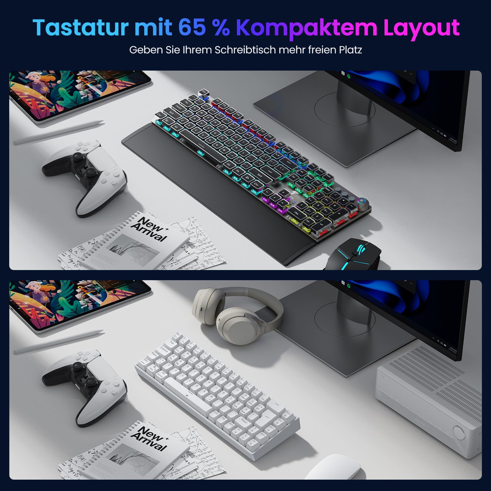 TECURS Klawiatura mechaniczna gamingowa bezprzewodowa klawiatura RGB QWERTZ Bluetooth / 2,4 G/podświetlana kablem 65% TKL czerwony przełącznik do iPhone'a/Android/PC/Mac / PS4, biała