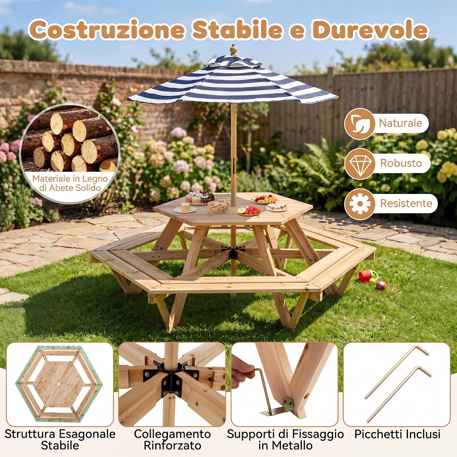 COSTWAY Tavolo Esagonale da Picnic per Bambini 3+ Anni con 6 Panche | Tavolino in Legno Massello con Ombrellone Rimovibile e Regolabile per Giardino, Balcone e Cameretta