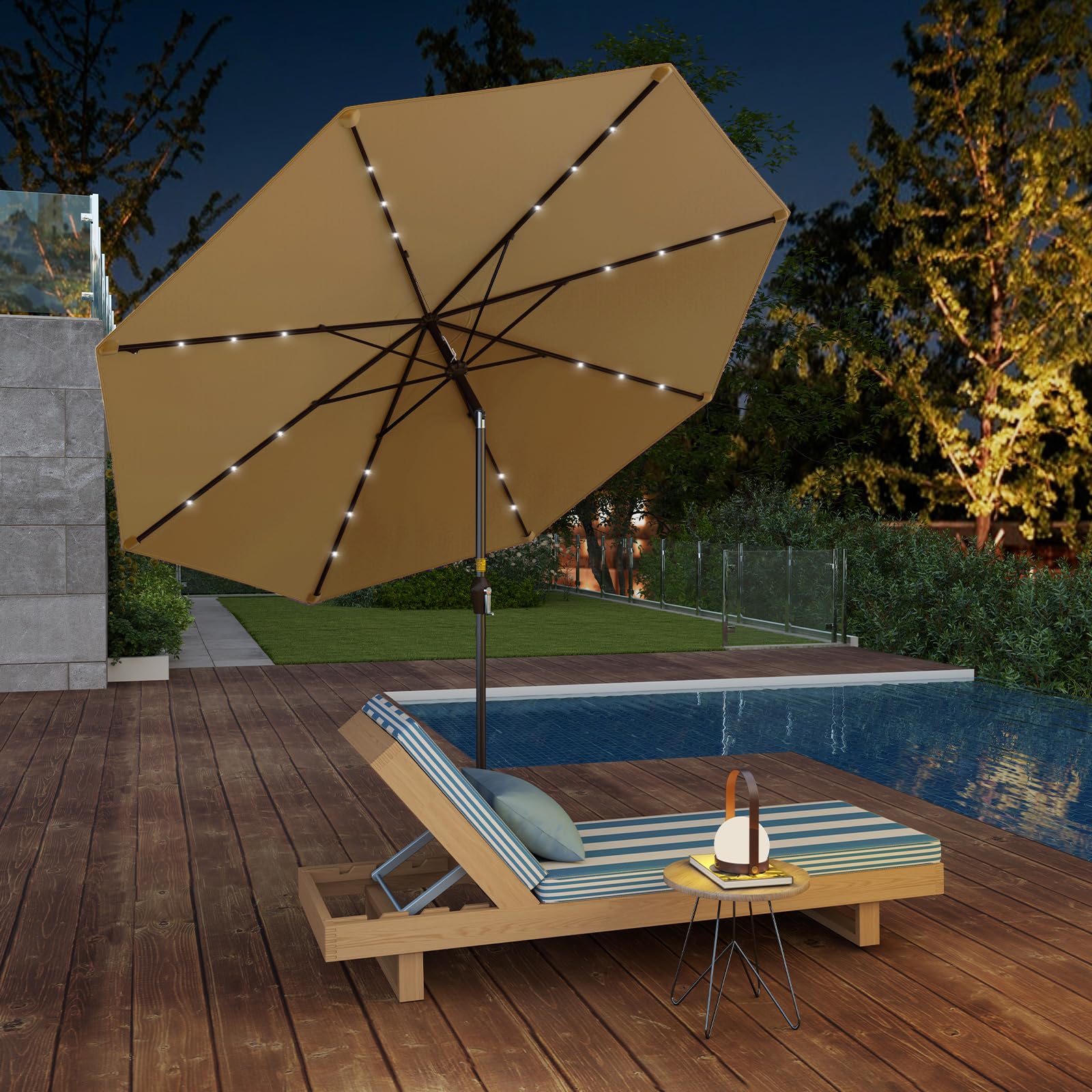 GYMAX Ombrellone da Giardino 3x3 M, con Luci LED Solare, Ombrello Inclinabile Regolabile, da Terrazzo Patio Spiaggia