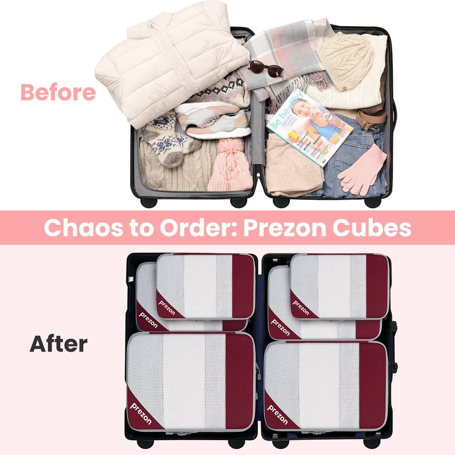 Set 6 Pezzi Cubi Compressionali Cavi Versatili, Design Apertura Totale Visibile, Salvaspazio E Leggeri, Materiale Cationico Personalizzato, Organizzatore Valigie Portatile E Resistente, Bordò