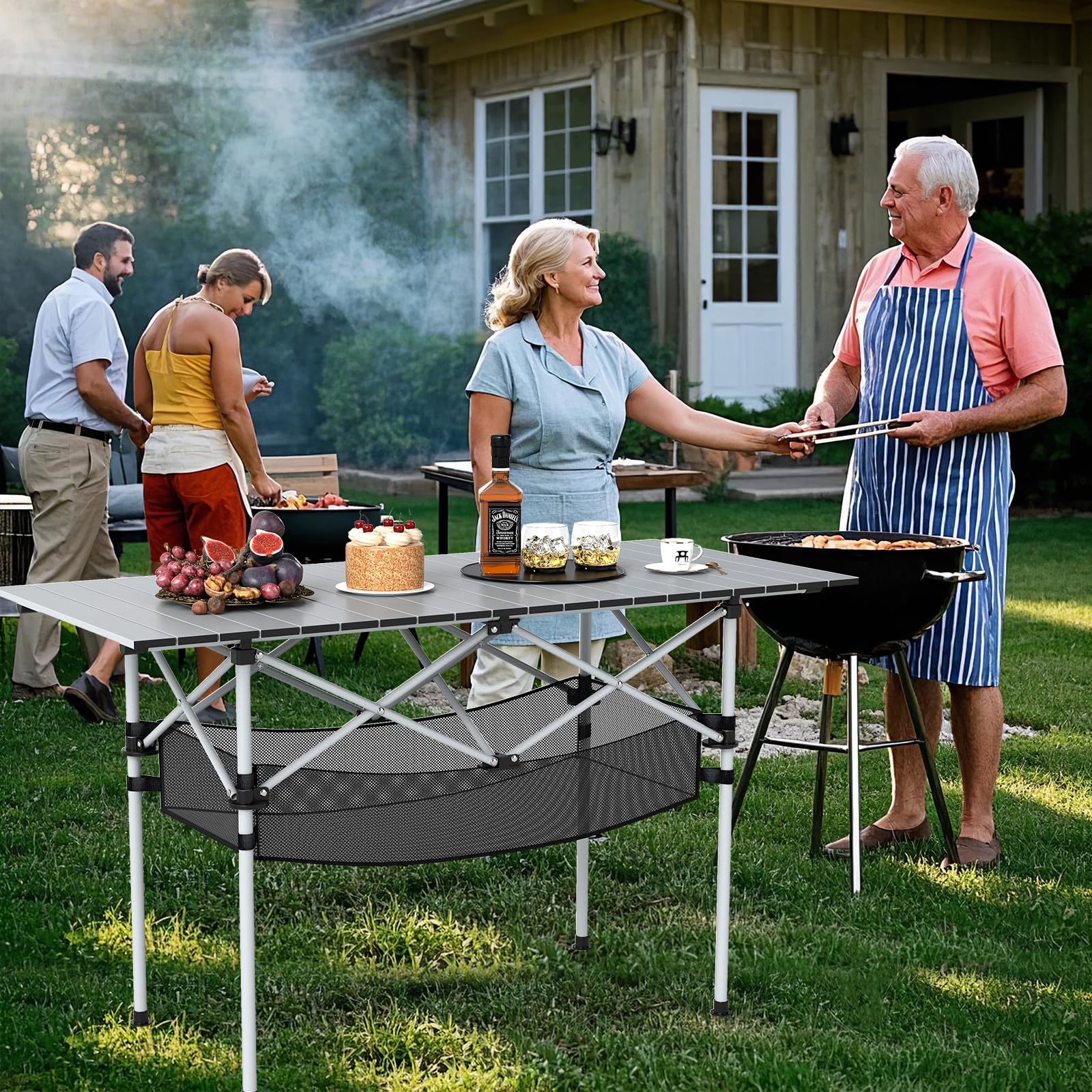 COSTWAY Campingtisch klappbar 119x55cm, Klapptisch mit aufrollbarer Aluminium-Tischplatte & Netzkorb, Falttisch bis 100 kg belastbar, inkl. 