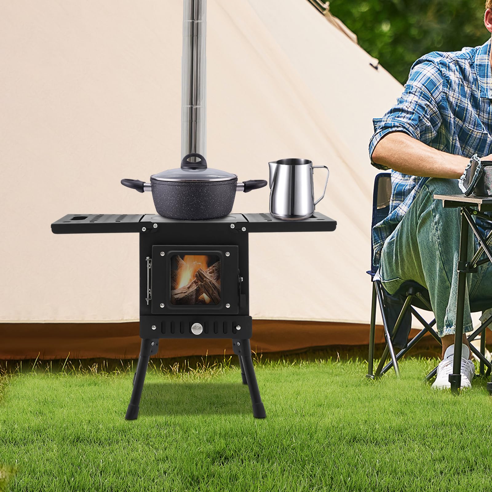 Poêle à bois portable pliable en acier au carbone avec tube de cheminée et fenêtre de visualisation - Pour extérieur, cuisine, jardin, pêche, pique-nique - Hauteur réglable de 36 à 56 cm