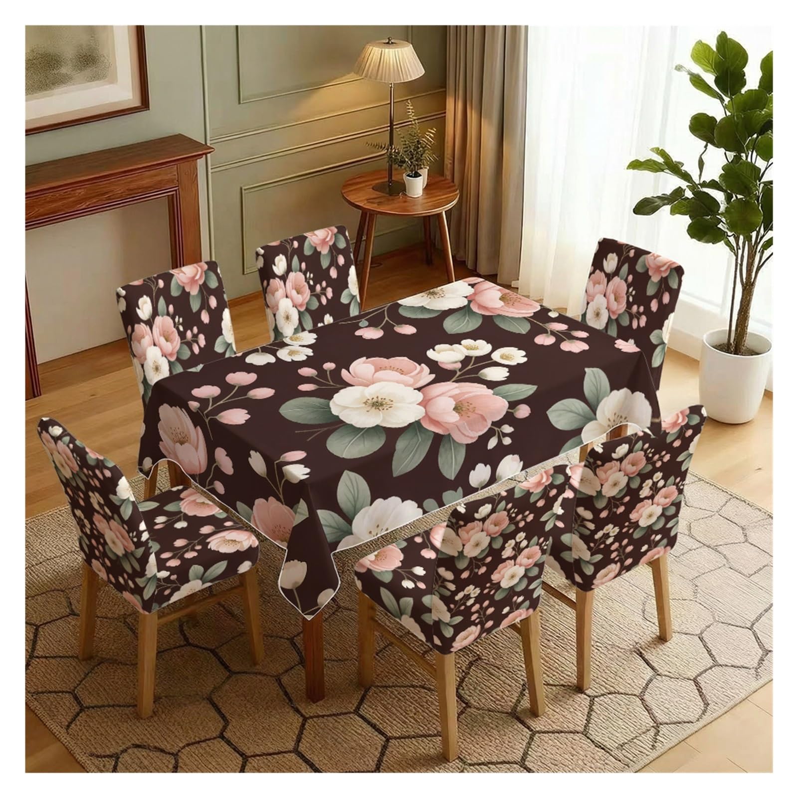 KXUAUV Stretch Dining Chair Slipcover & Tablecloth Set, Dark Brown Base Pink White Floral Print, 5/7 Pack, Moody Elegant Cottage Home Decor Party Decor(7pcs Set: Tablecloth+Chair Covers)