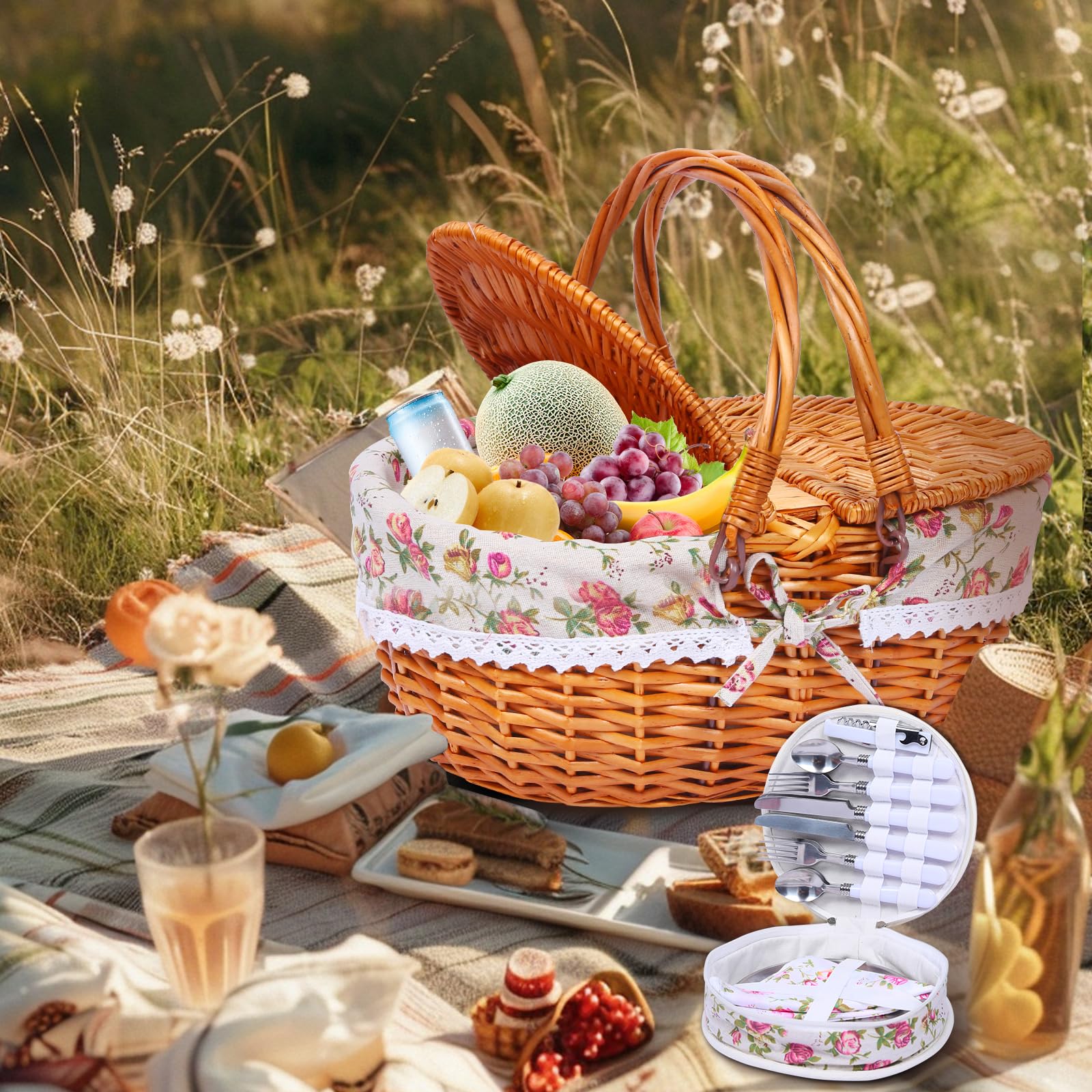 Cesto da picnic in vimini per 4 persone, con coperchio e manico, cestino da picnic con fodera lavabile e posate per esterni, campeggio, Halloween, Natale e un